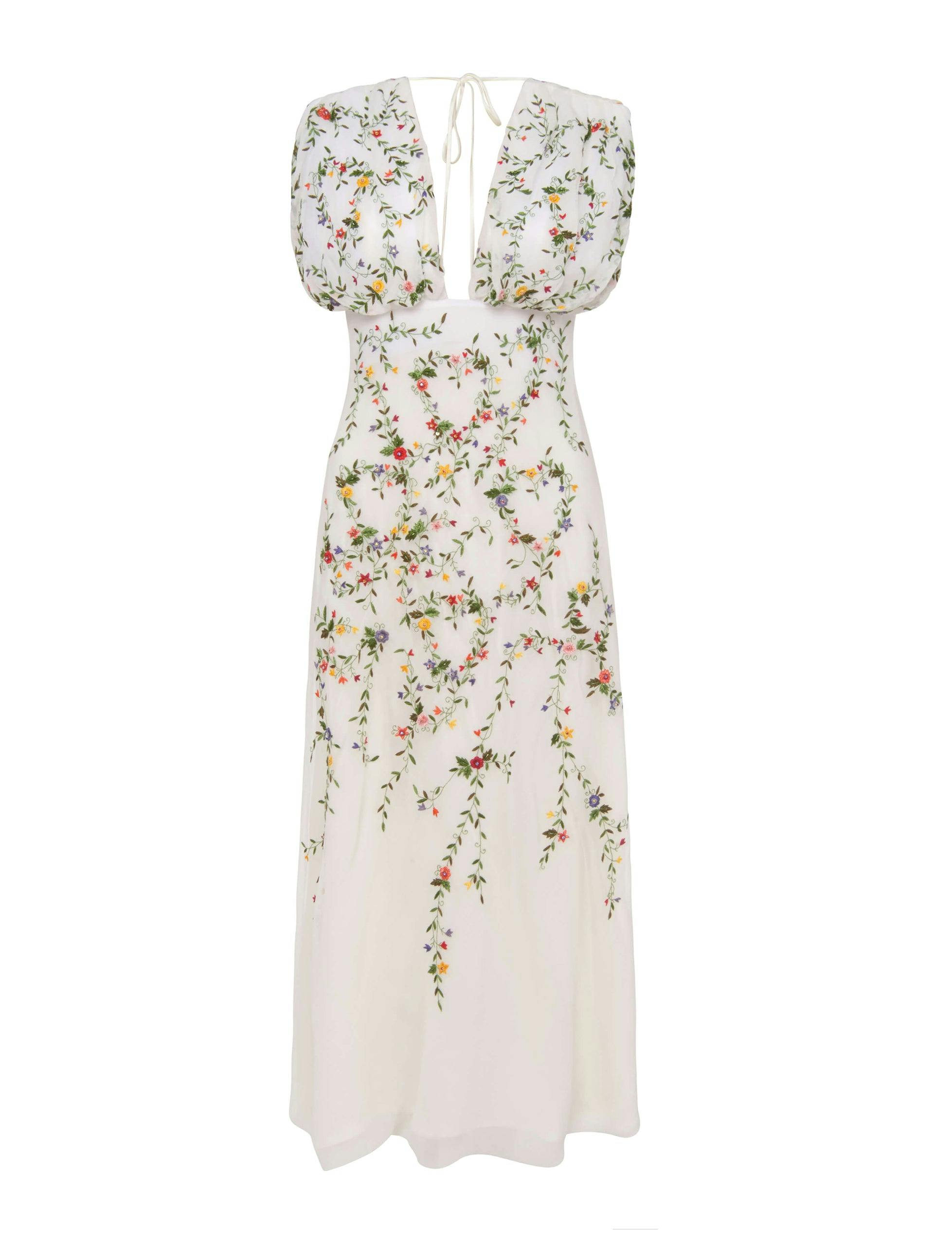 Primavera white embroidered floral silk midi dress
