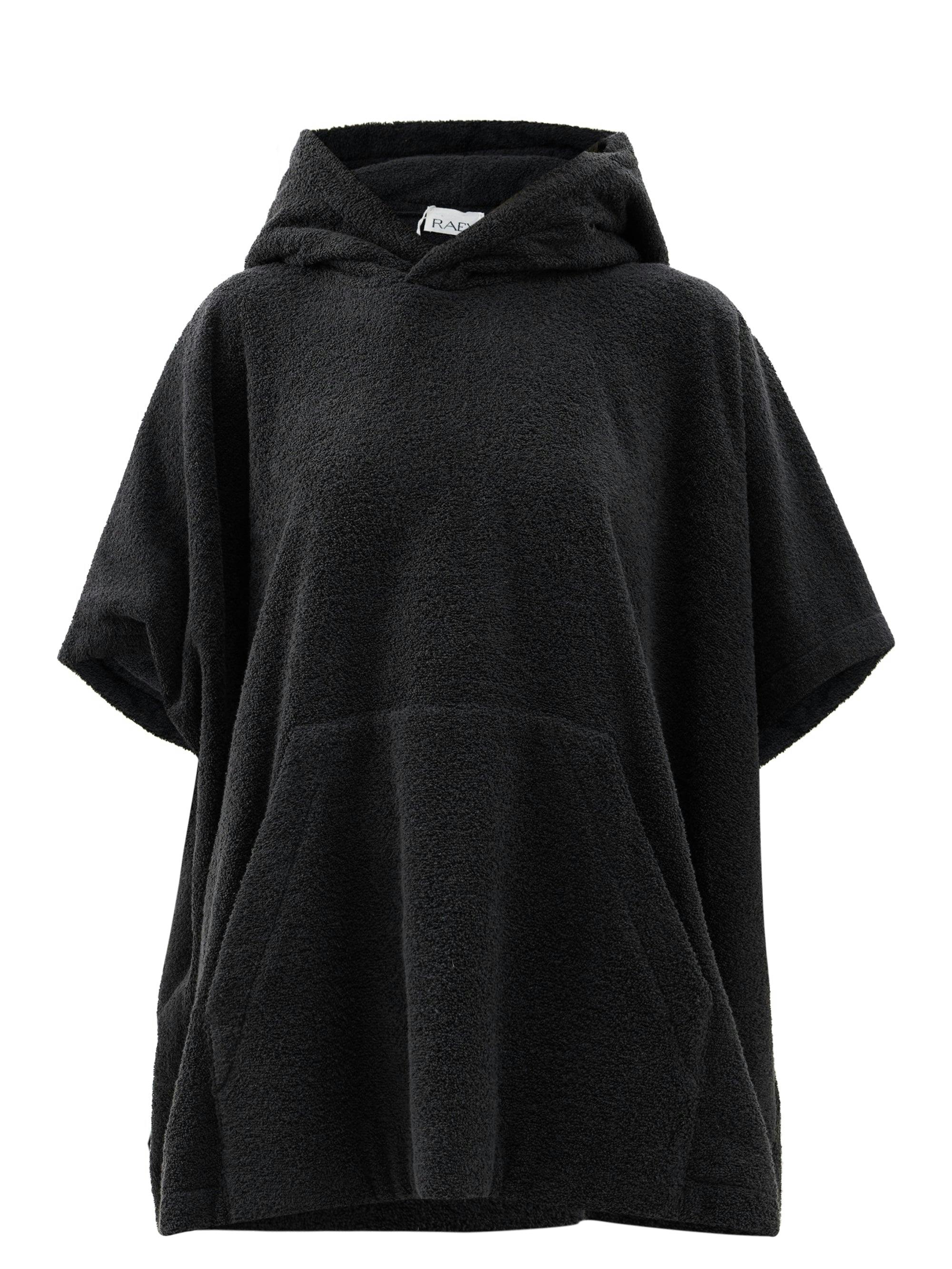 Black towelling hooded poncho