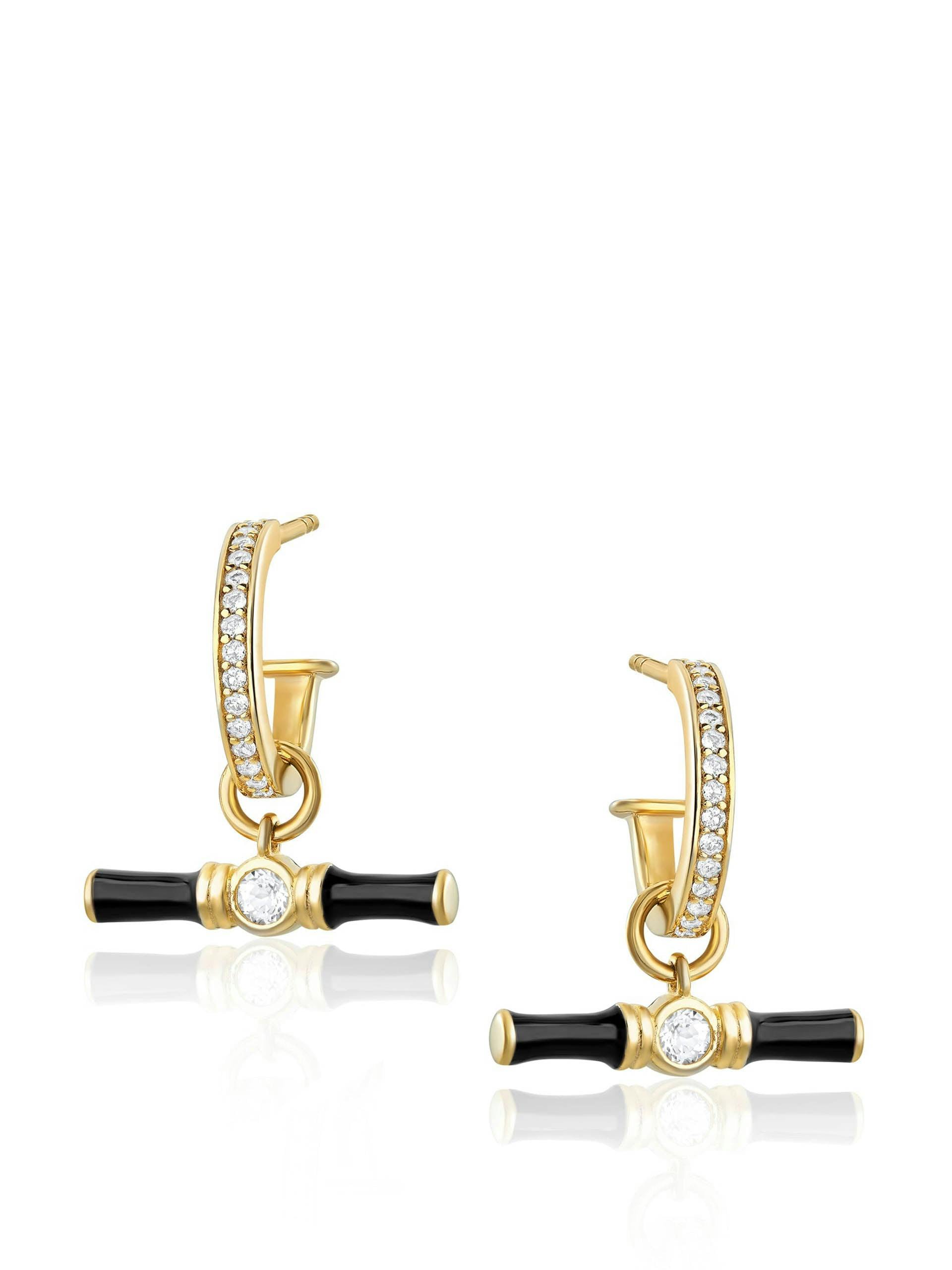 White topaz gold Dyllan hoop earrings with black enamel t-bar charms