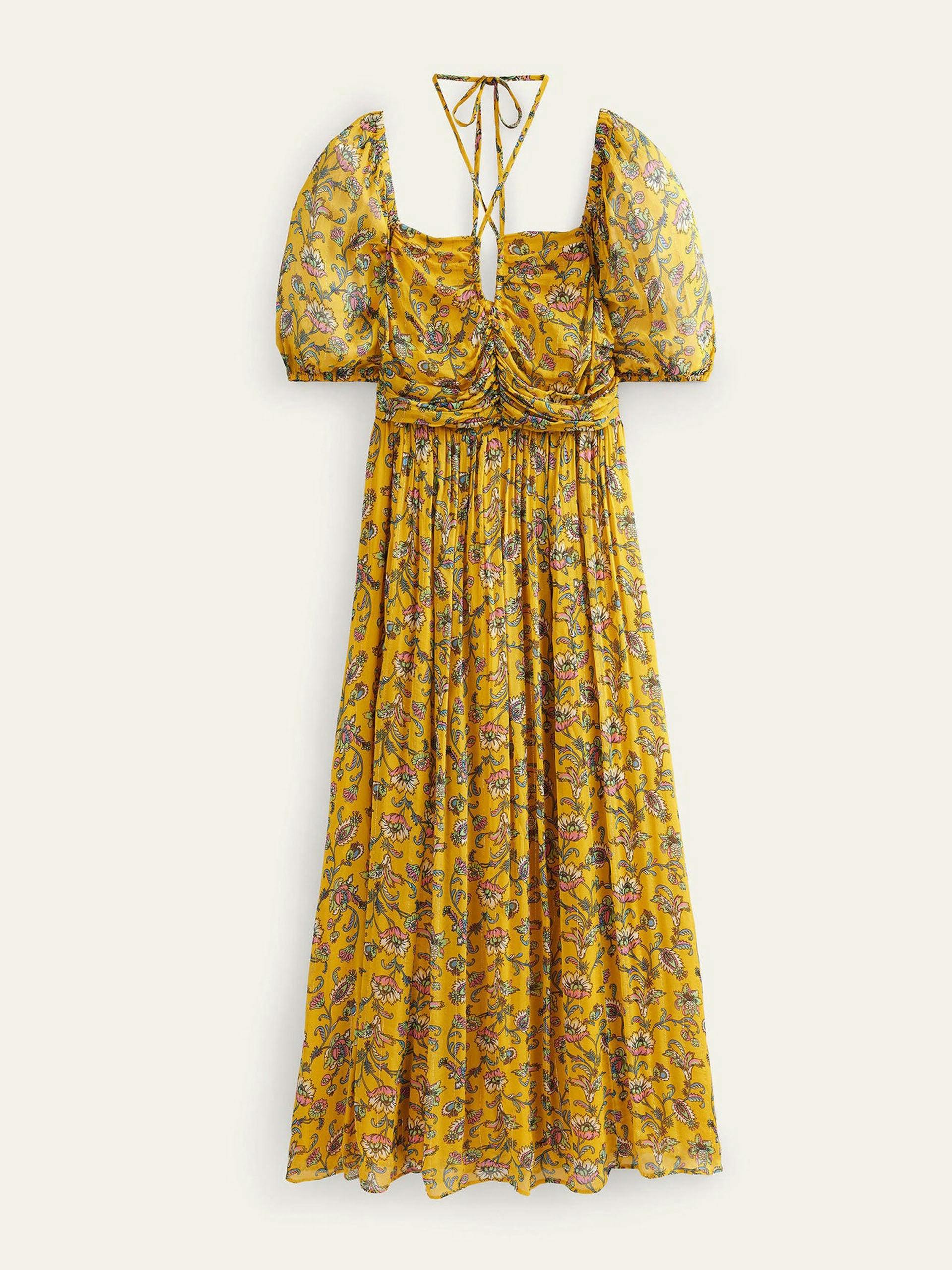 Yellow floral-print halterneck-detail maxi dress