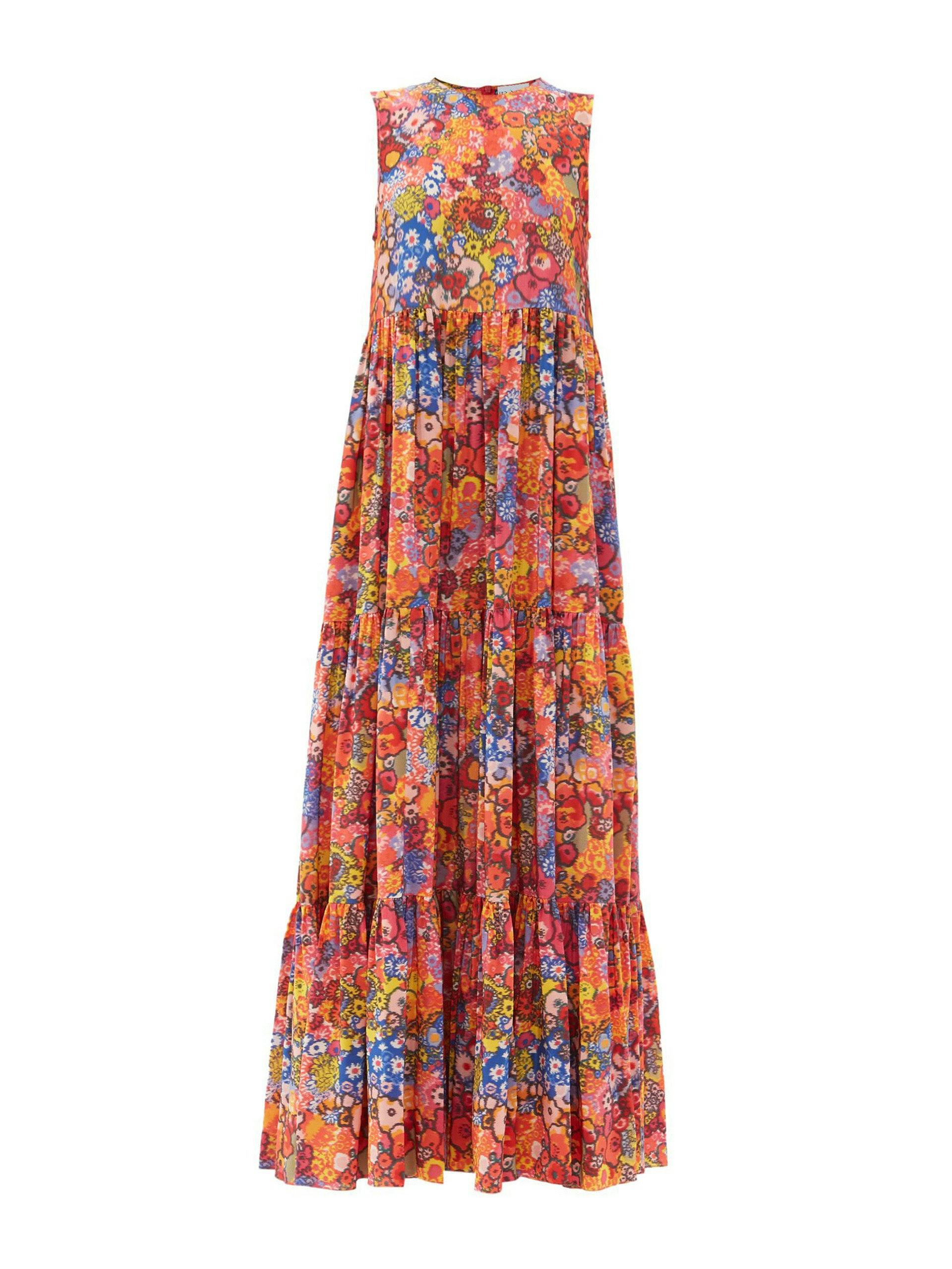 Psychedelic print mega-tiered silk dress