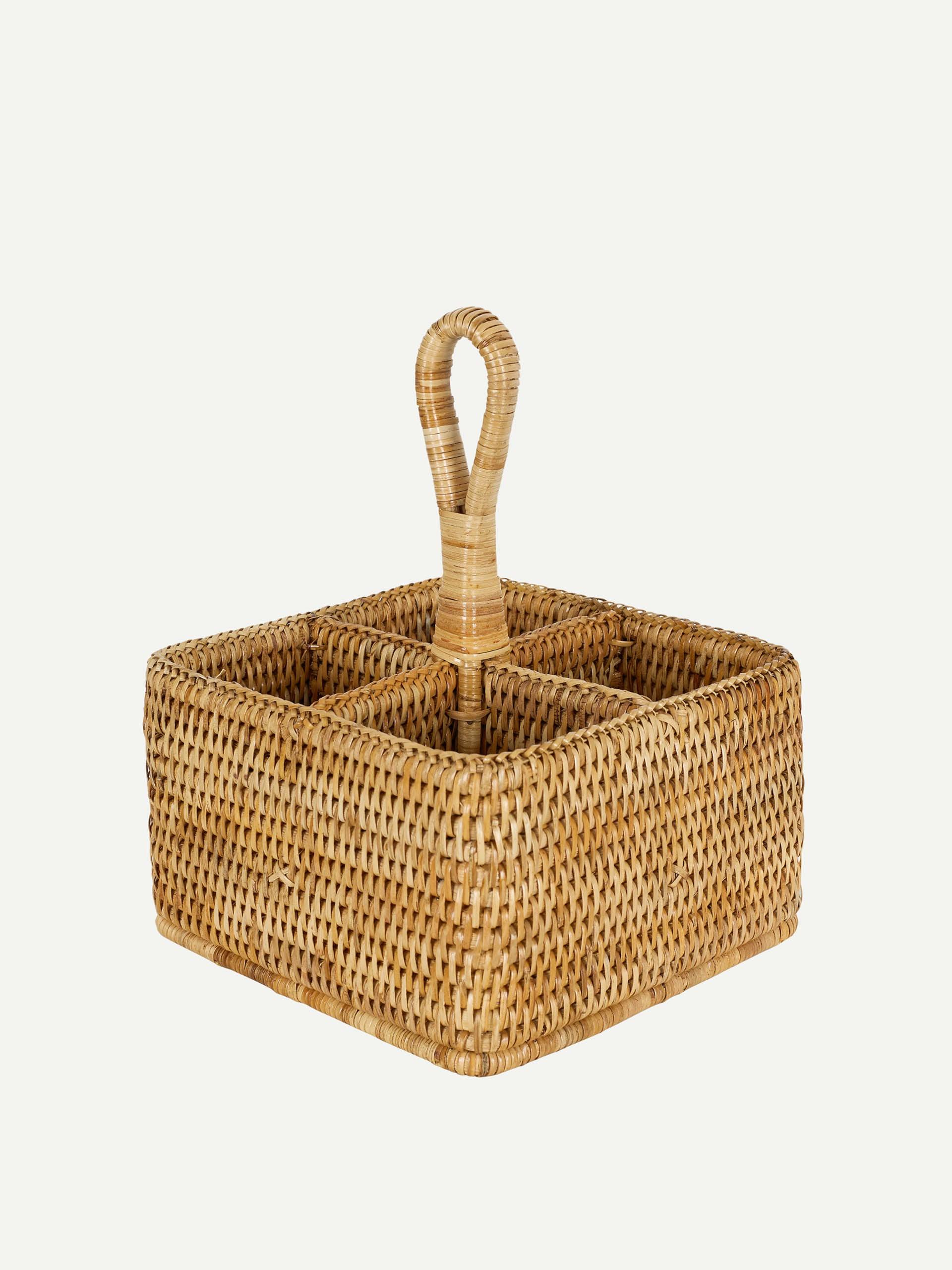 Rattan cutlery and condiment carrier in natural