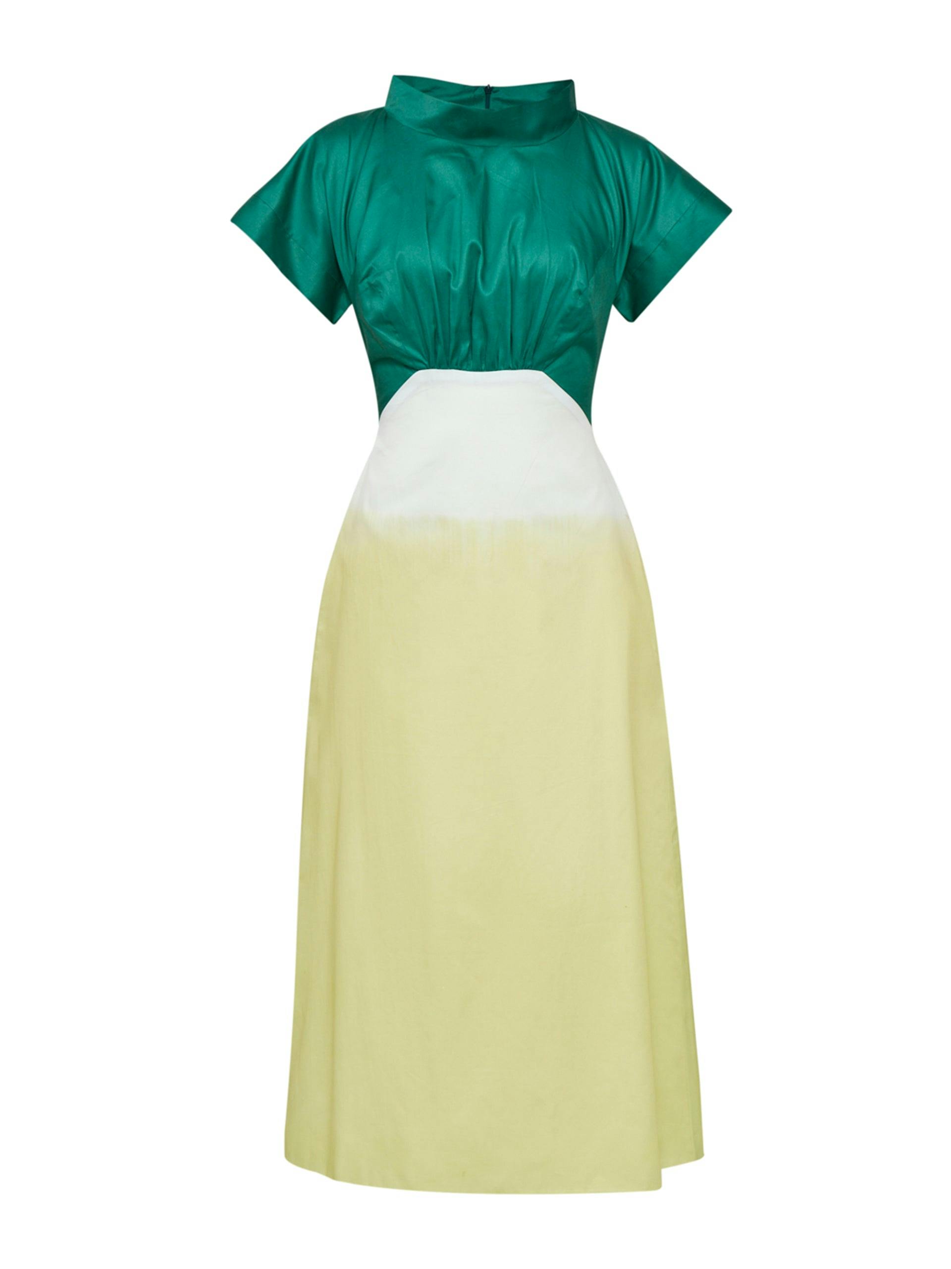 Green cotton-silk satin midi dress