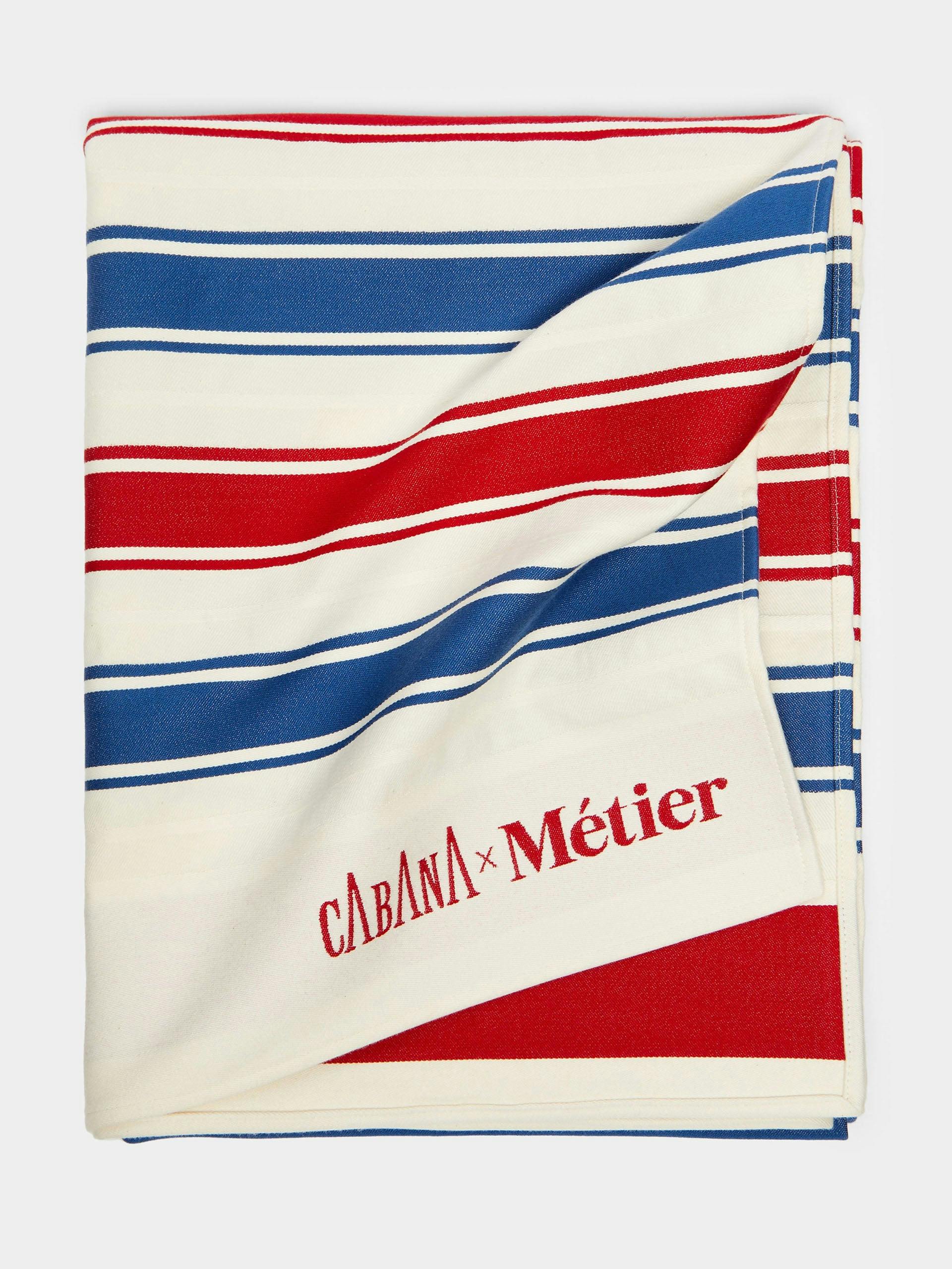 Blue and red striped beach towel