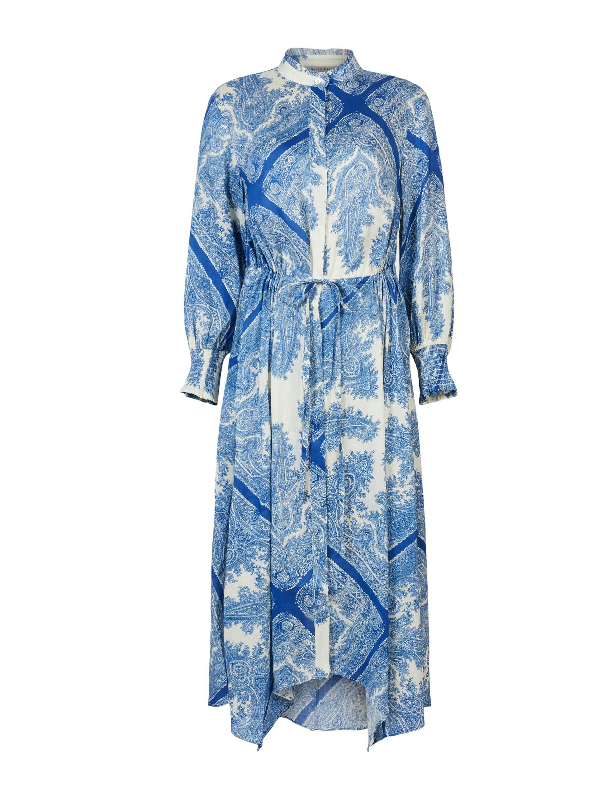 Blue floral silk linen midi dress