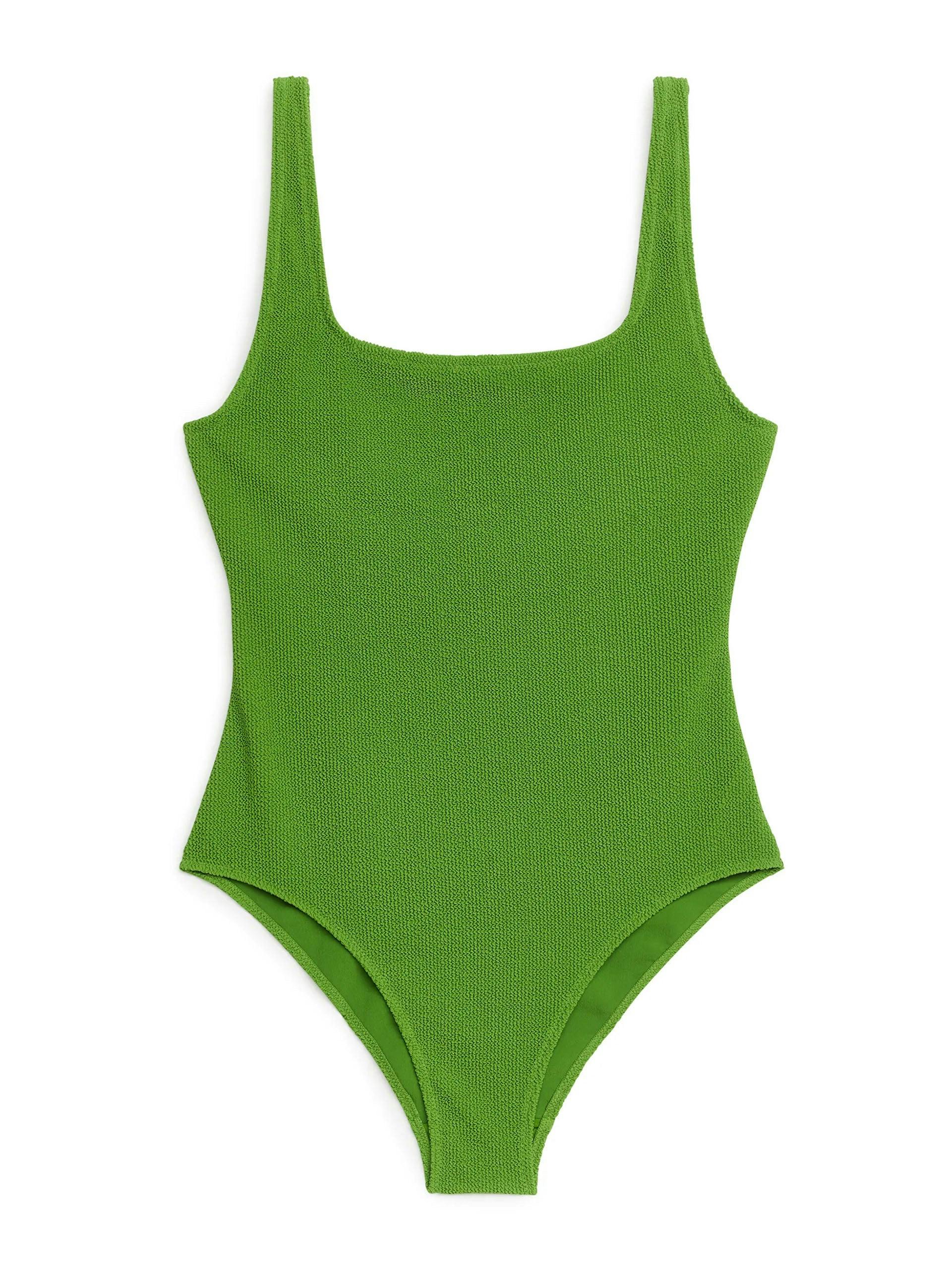 Green crinkle square-neck swimsuit