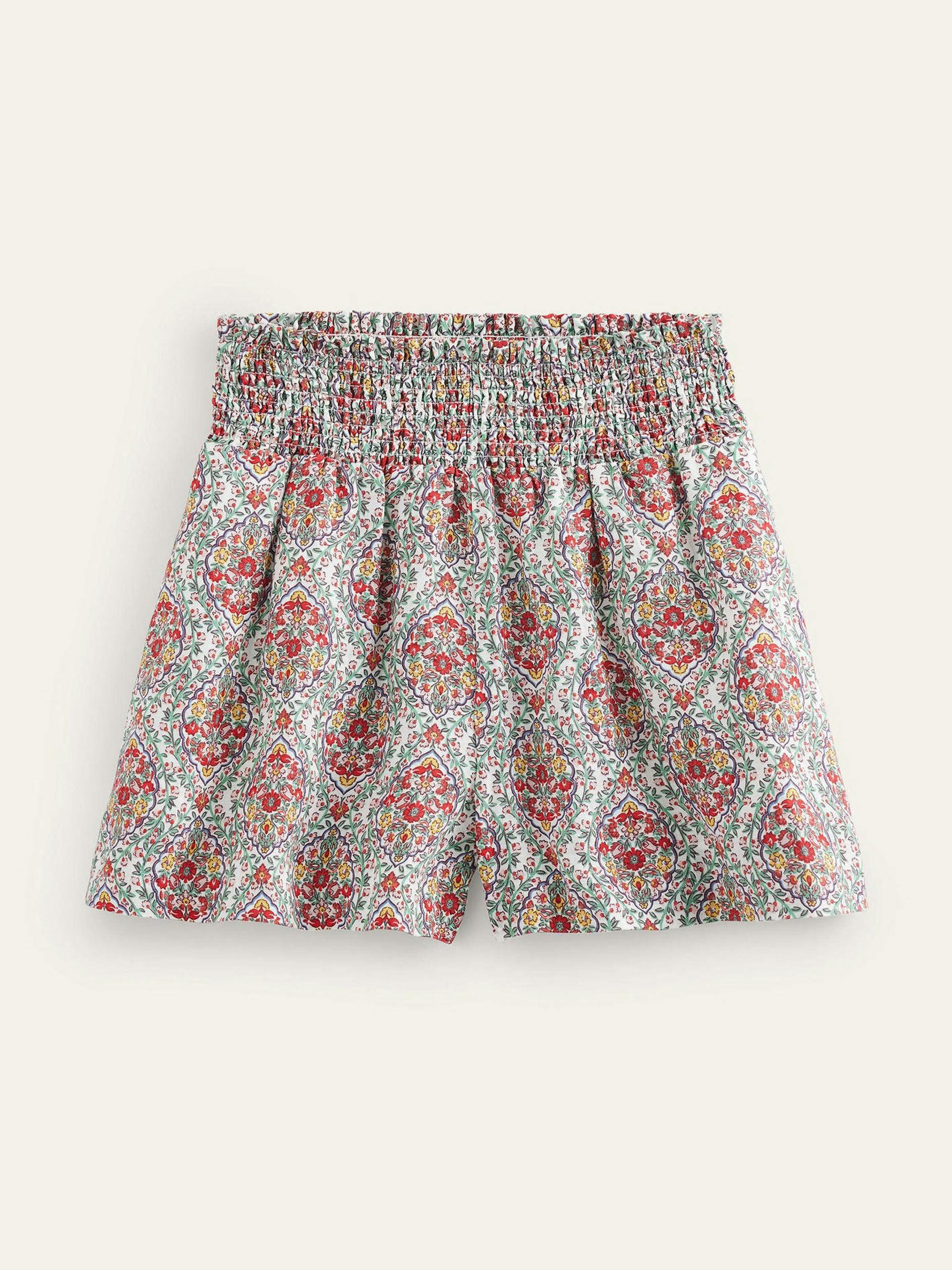 Floral-print linen shirred waist shorts