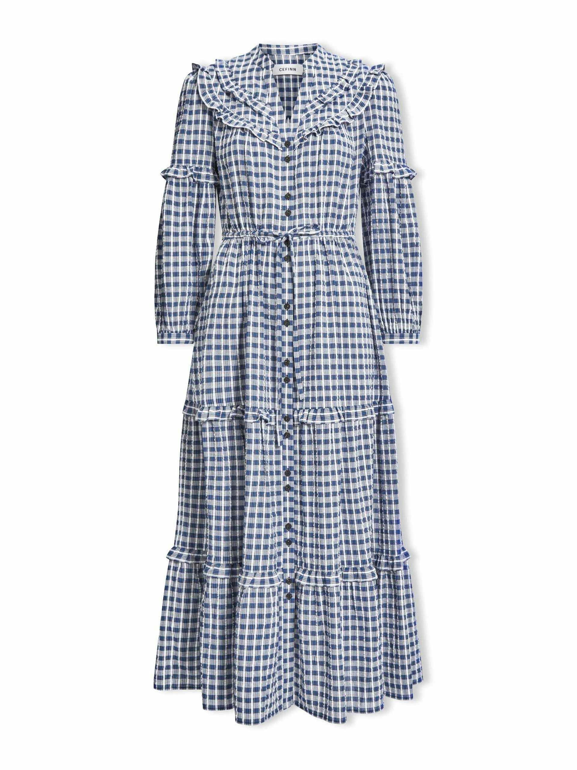 Suki organic cotton seersucker maxi dress, in blue and white check