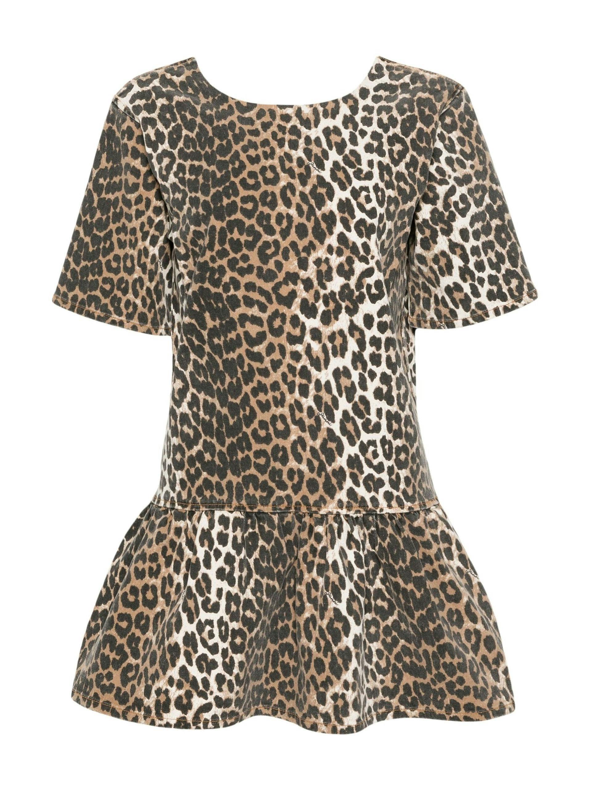 Leopard-print ruffle-hem organic-denim minidress