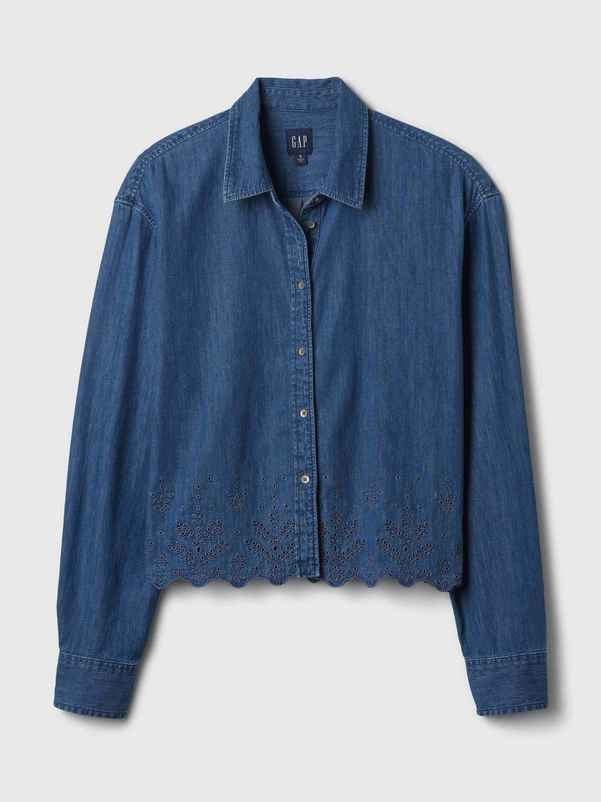 Eyelet cropped denim shirt