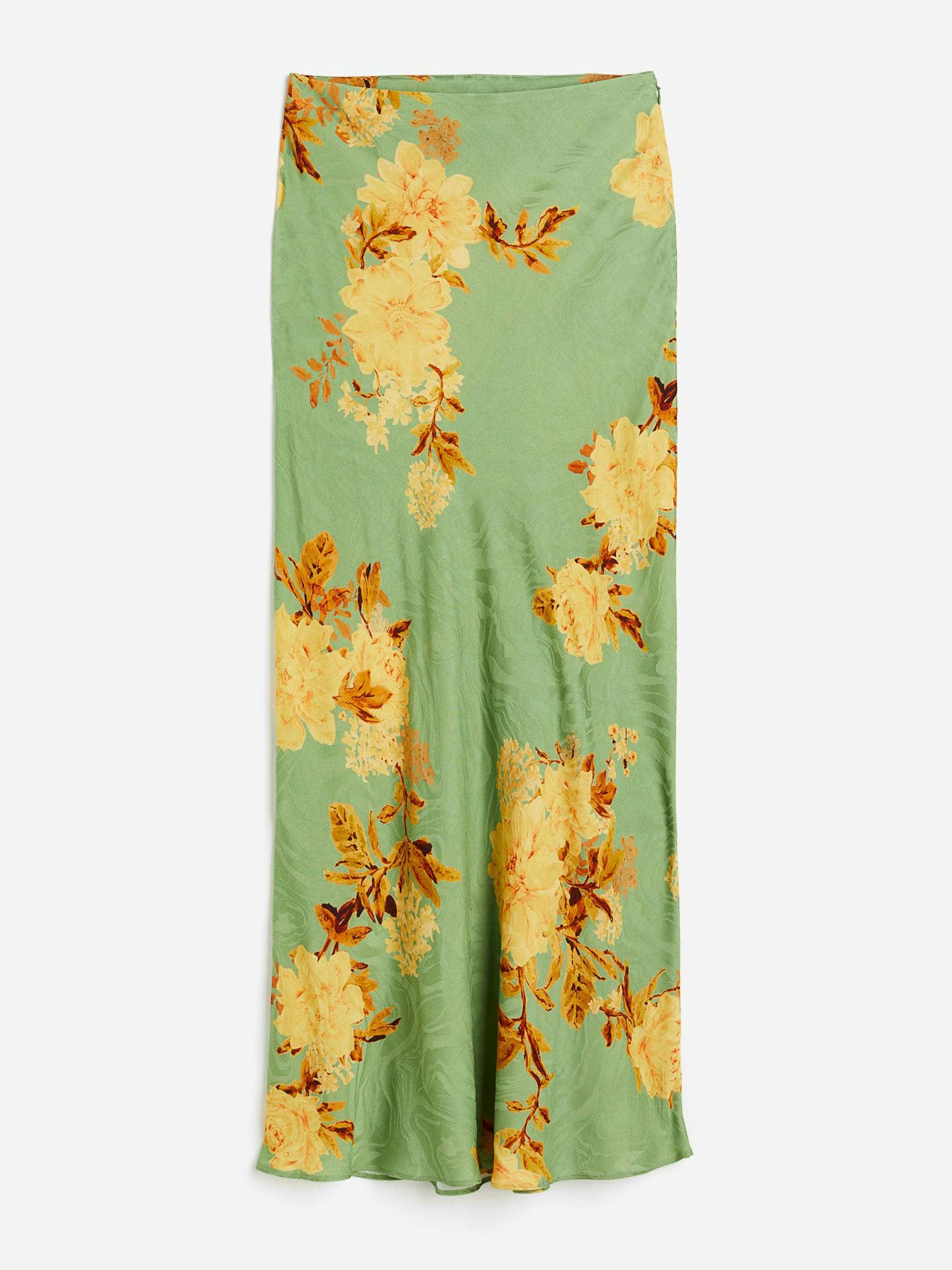 Dusty green floral silk midi skirt
