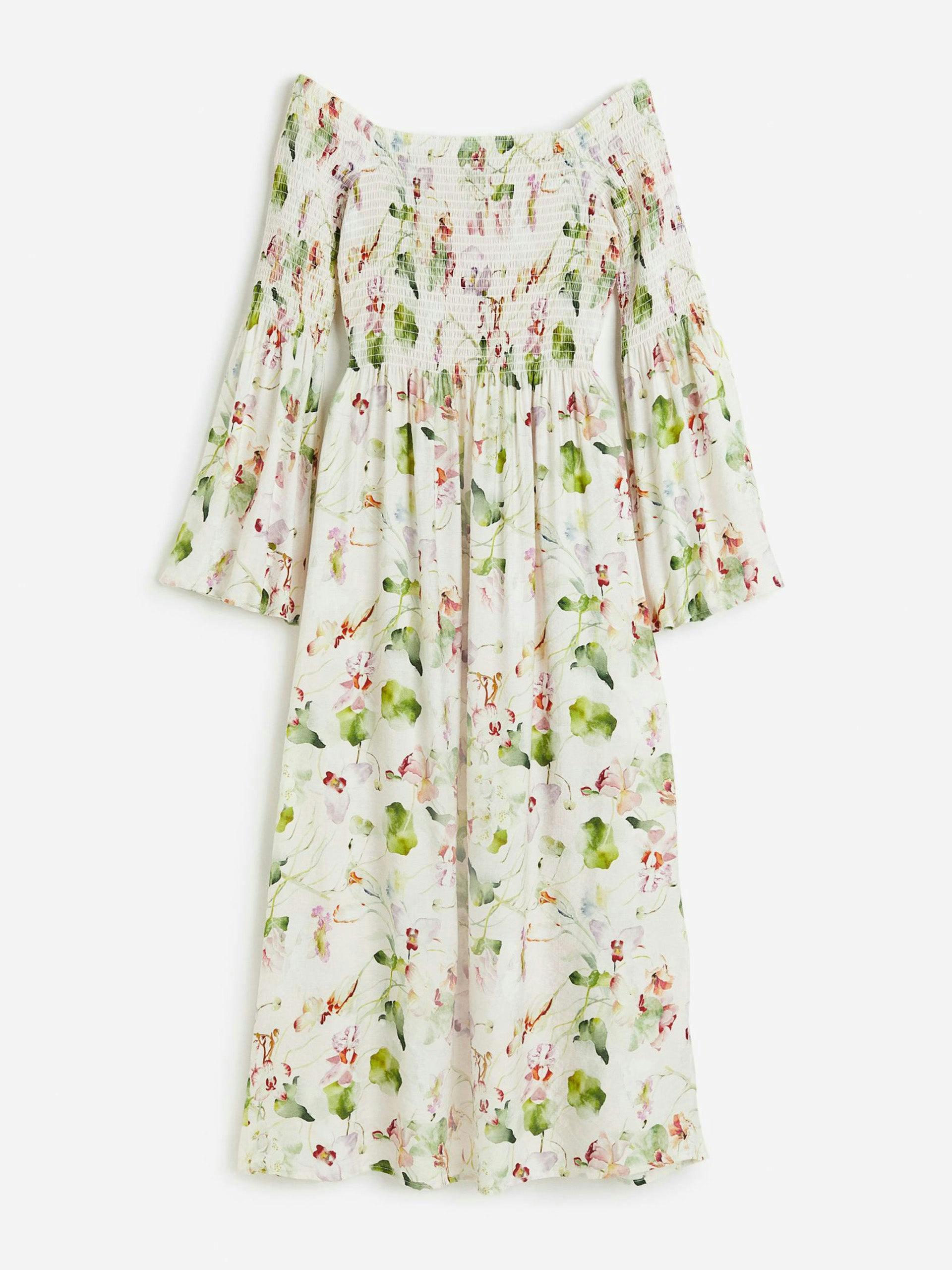 Cream floral smock-topped dress