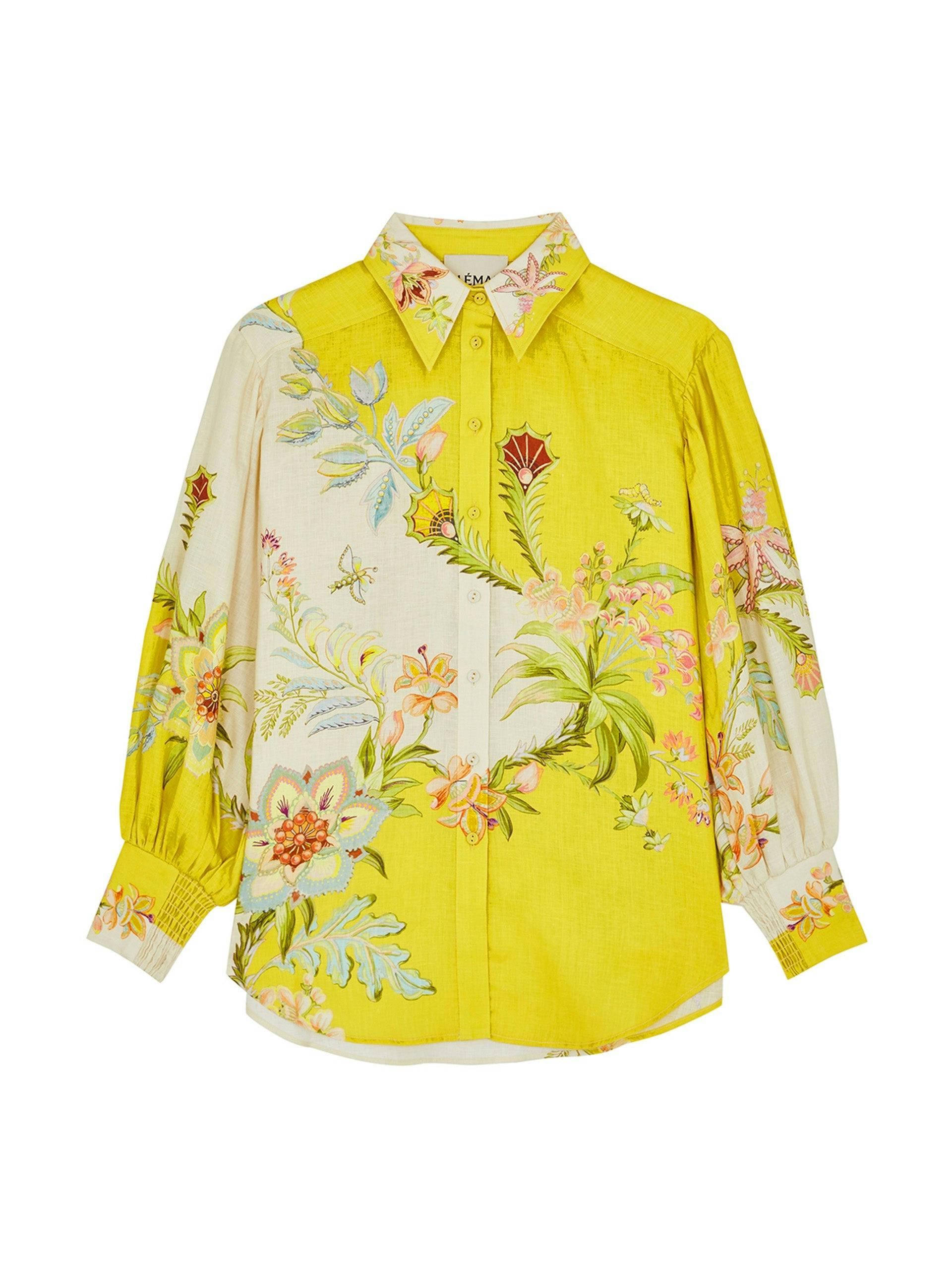 Yellow floral print linen shirt