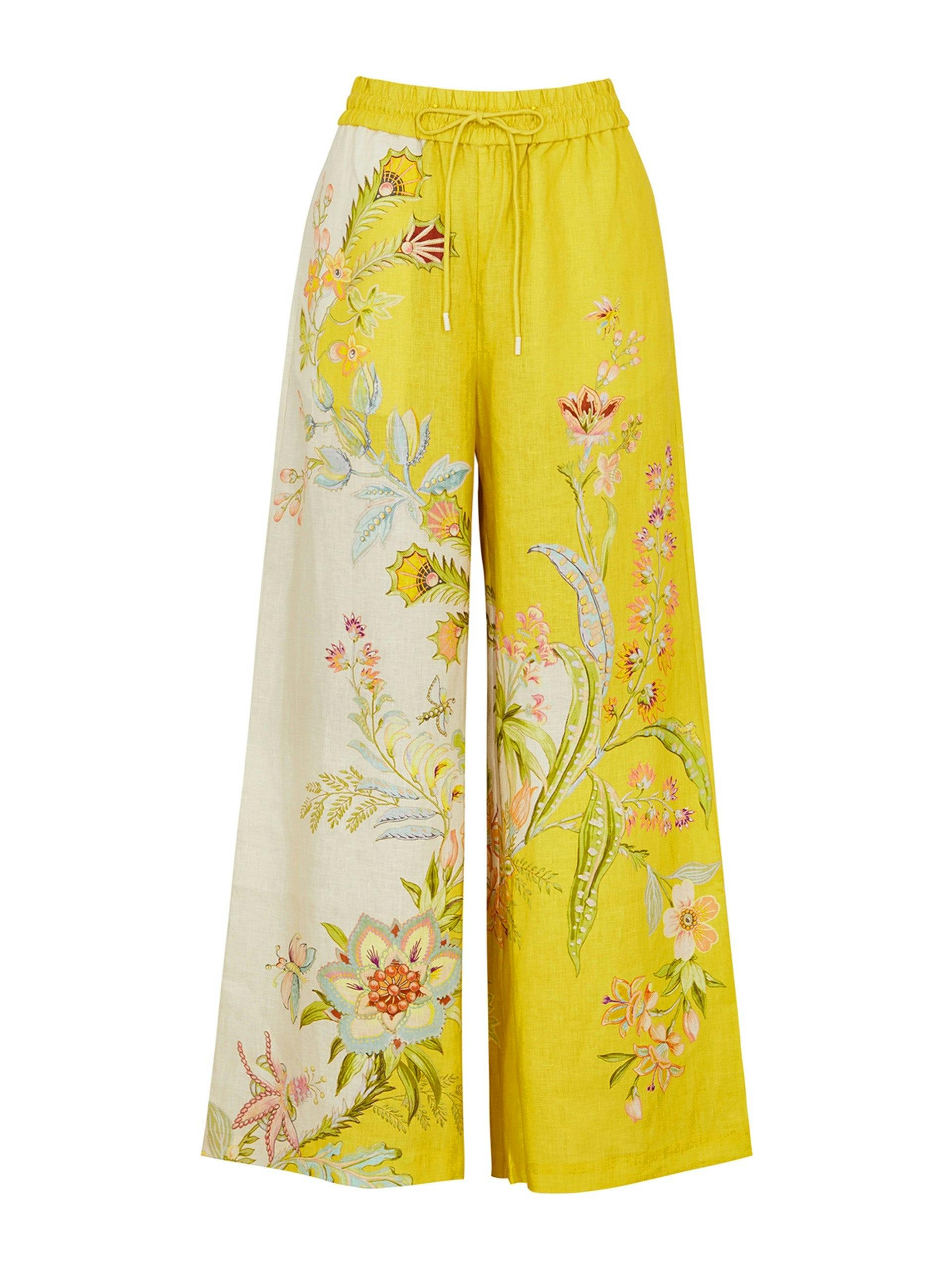 Yellow floral print linen trousers