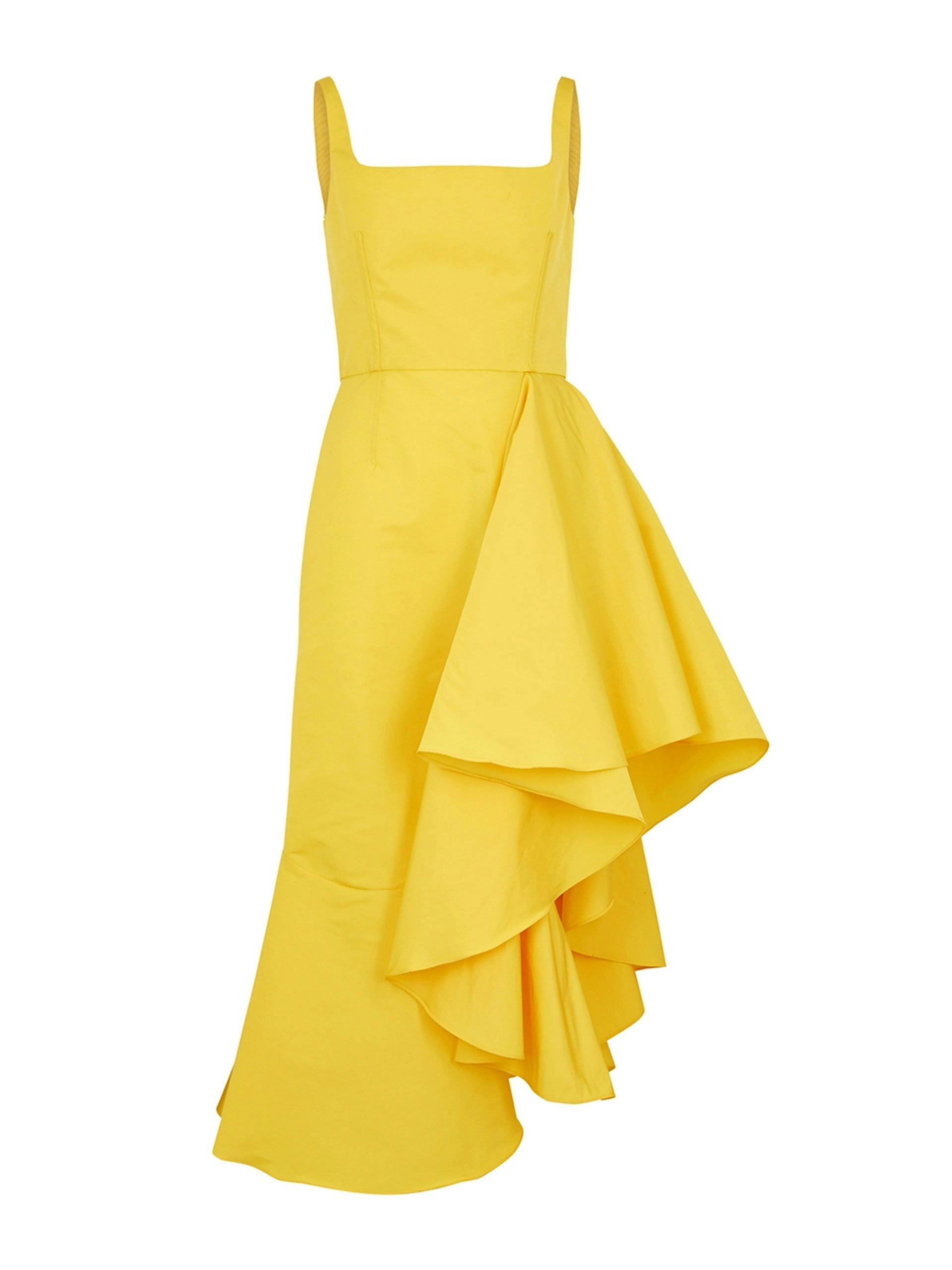 Yellow asymmetric faille midi dress