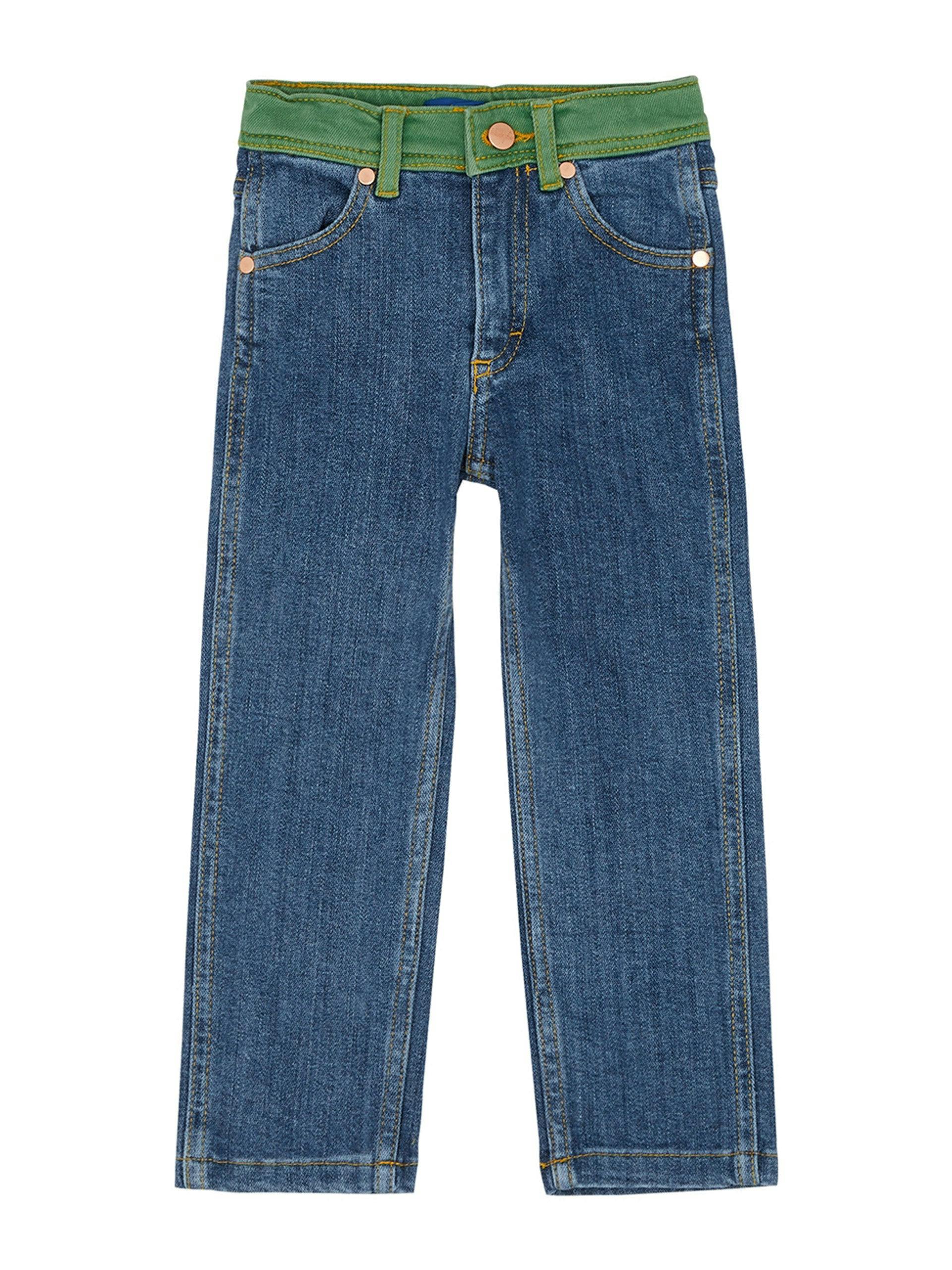 Straight leg jeans with green waistband