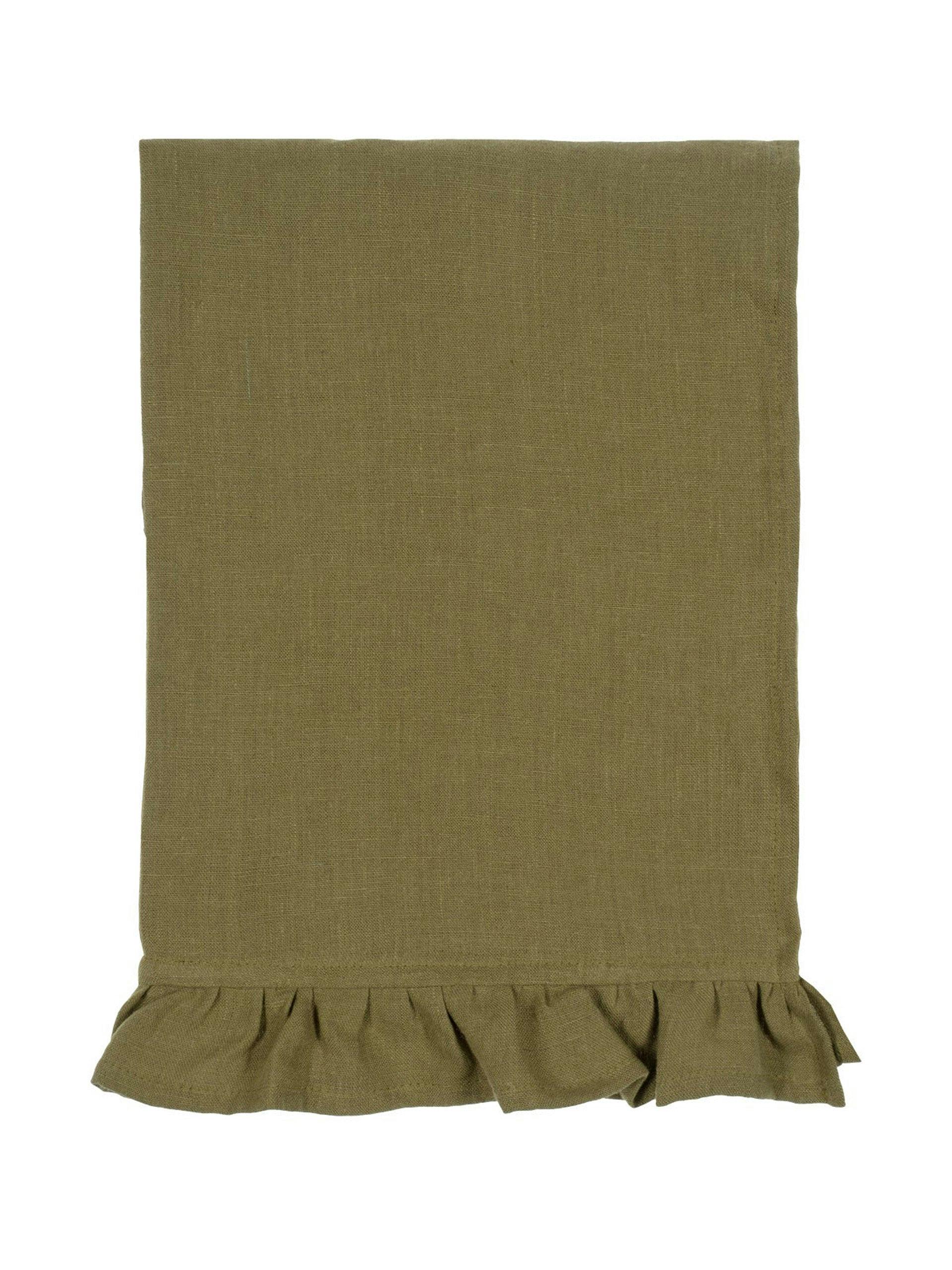 Khaki ruffled linen tea towel