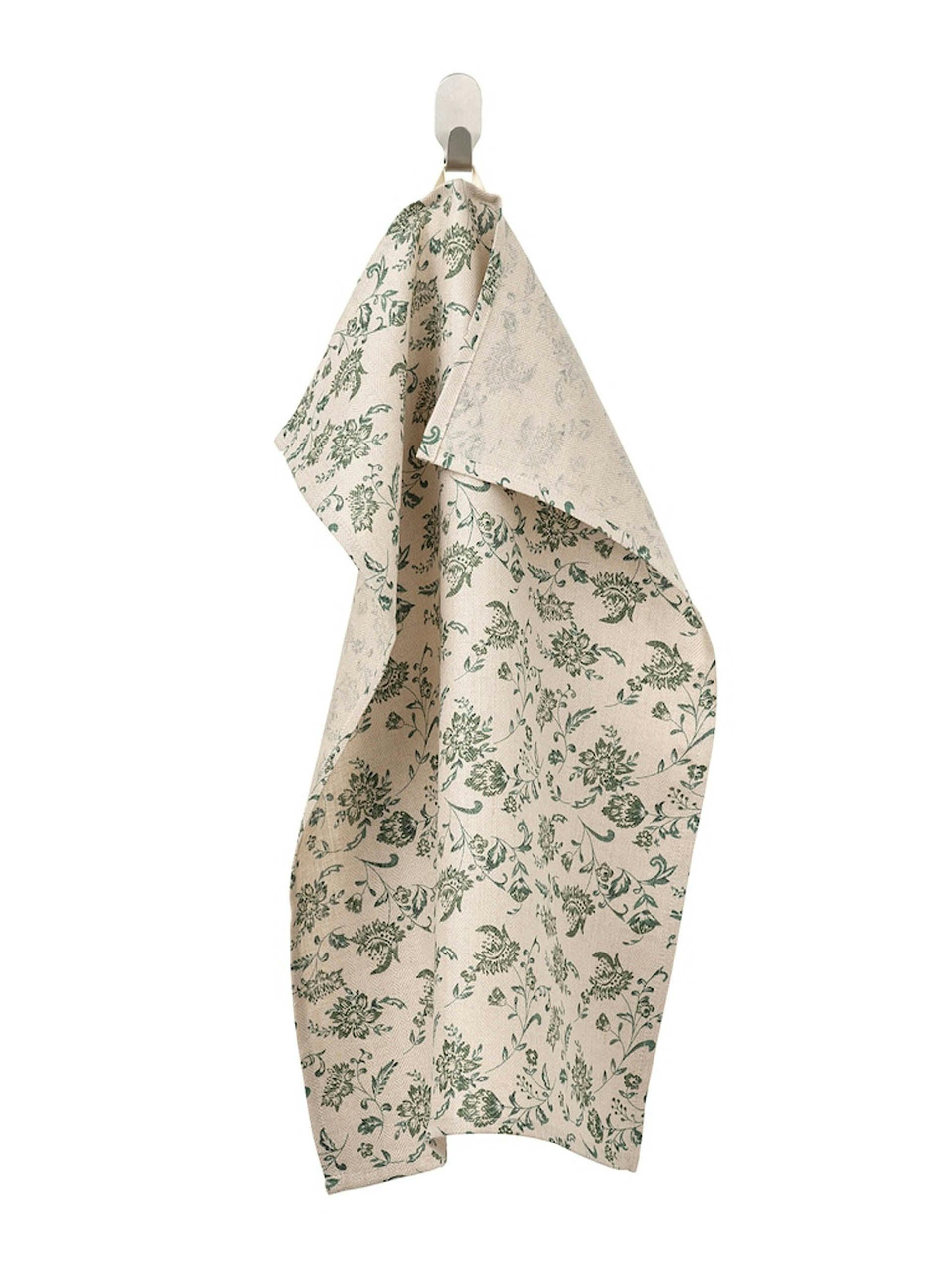 Green floral print tea towel