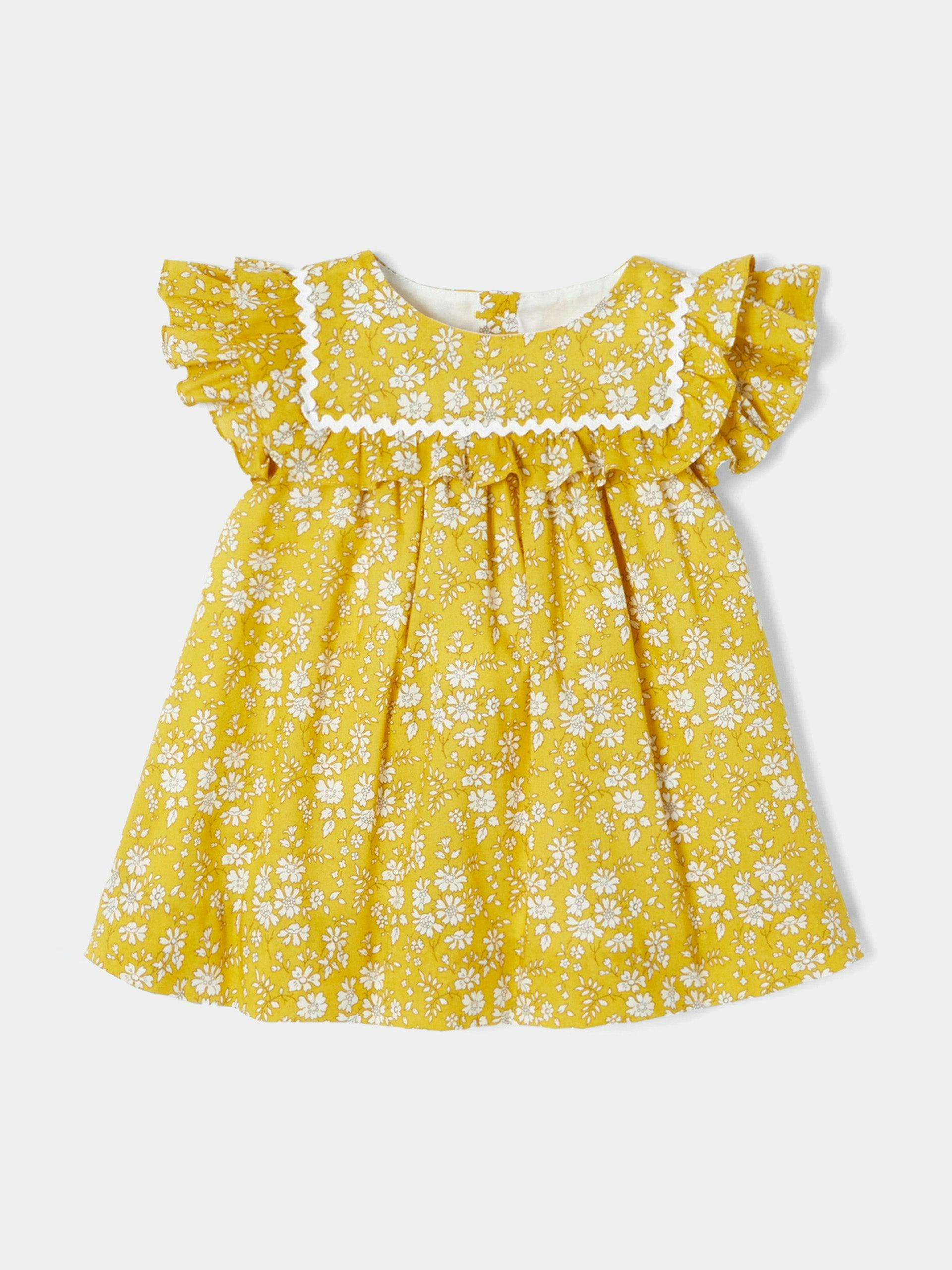 Yellow floral-print ruffle-neckline dress