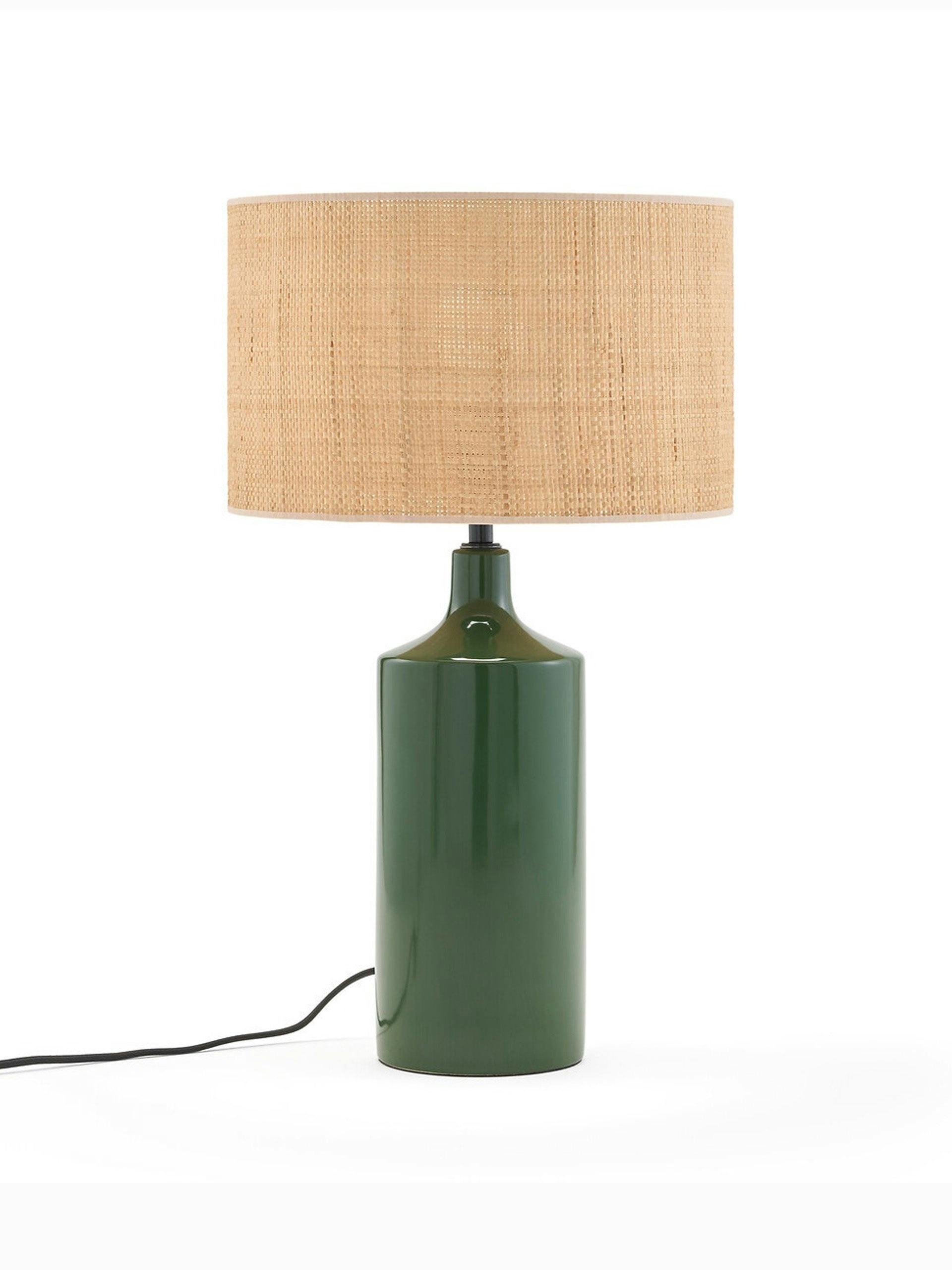 Green ceramic and raffia table lamp