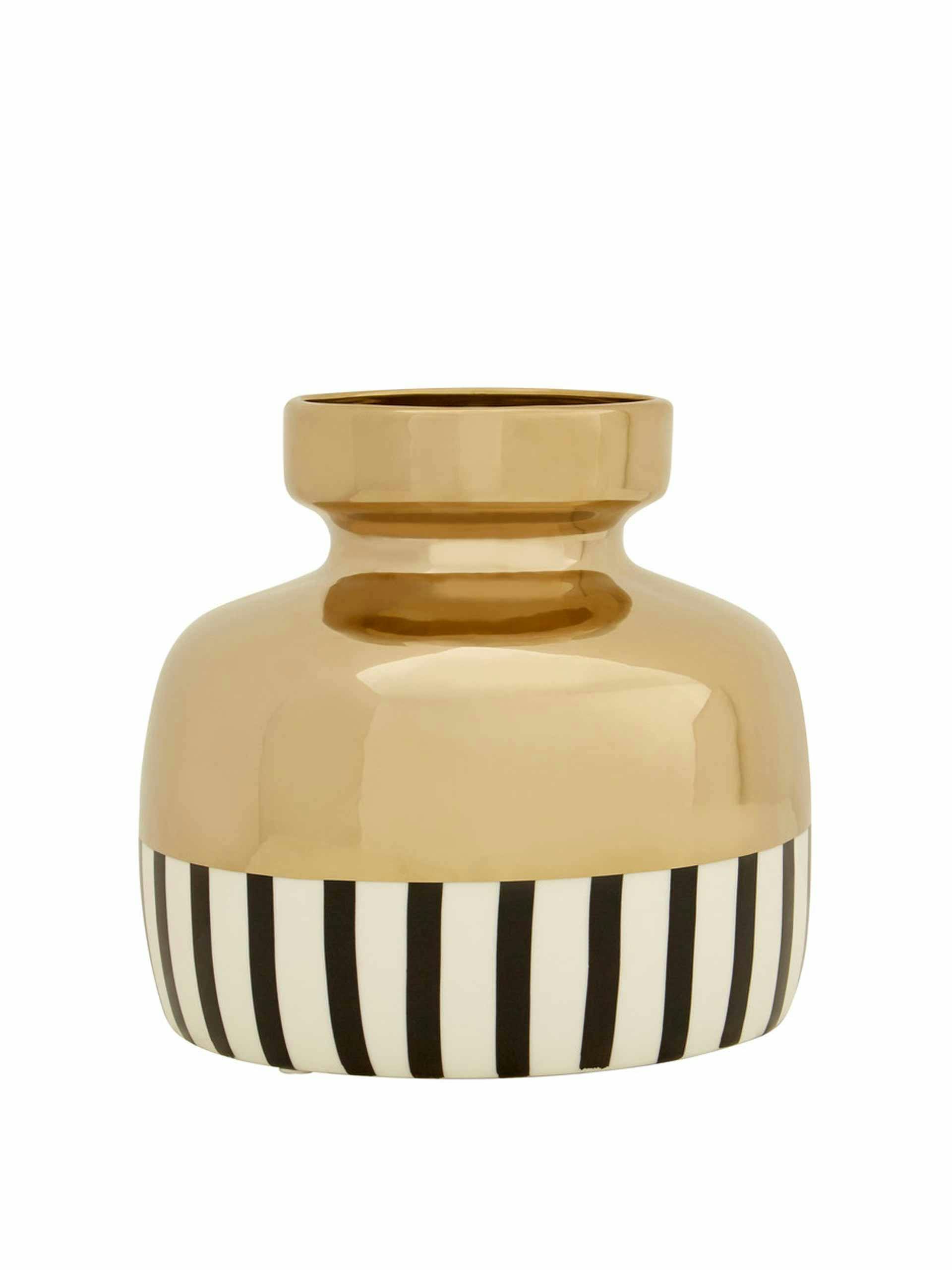 Gold ceramic vase with black and white stripes