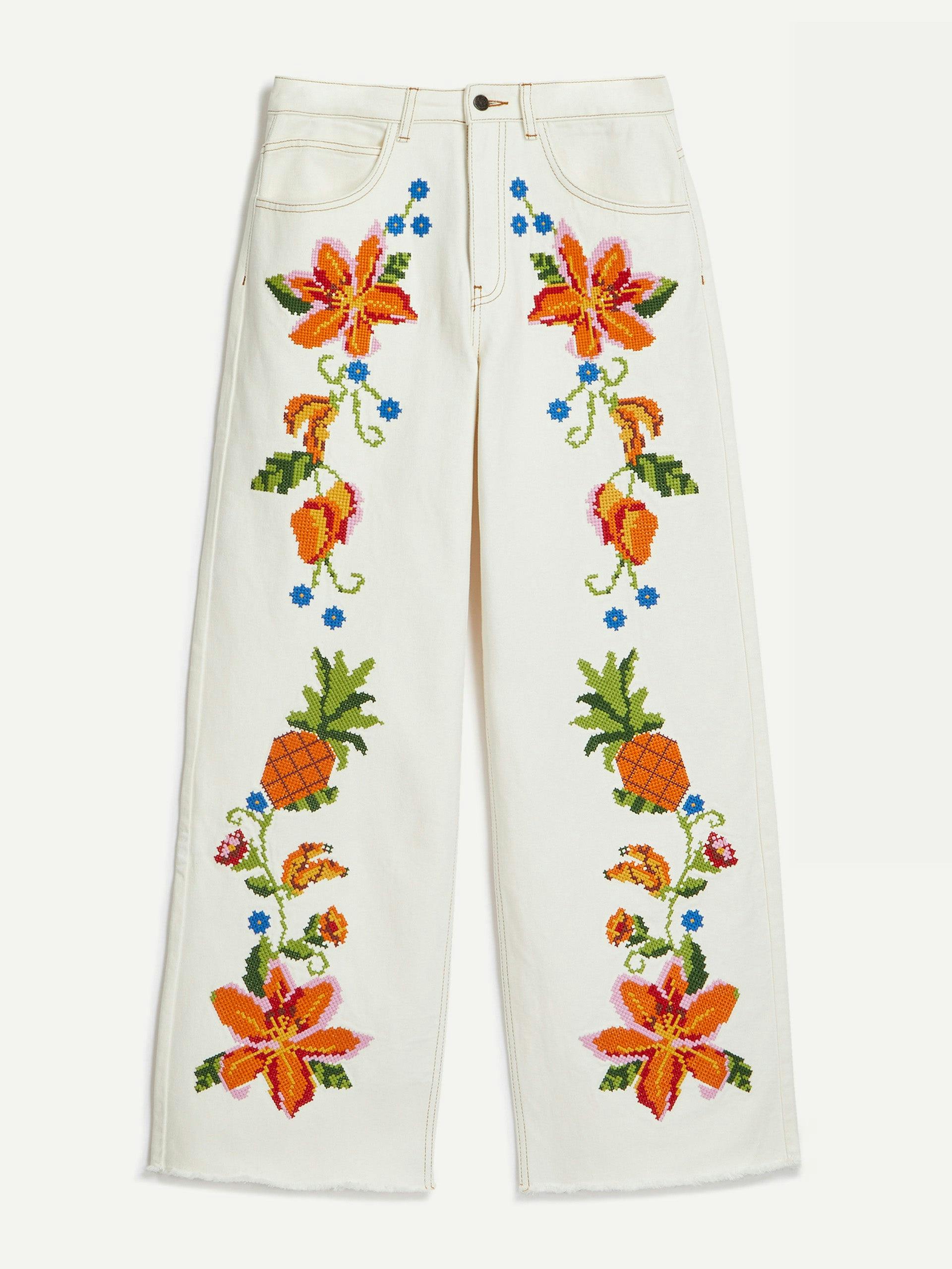 White embroidered floral twill trousers