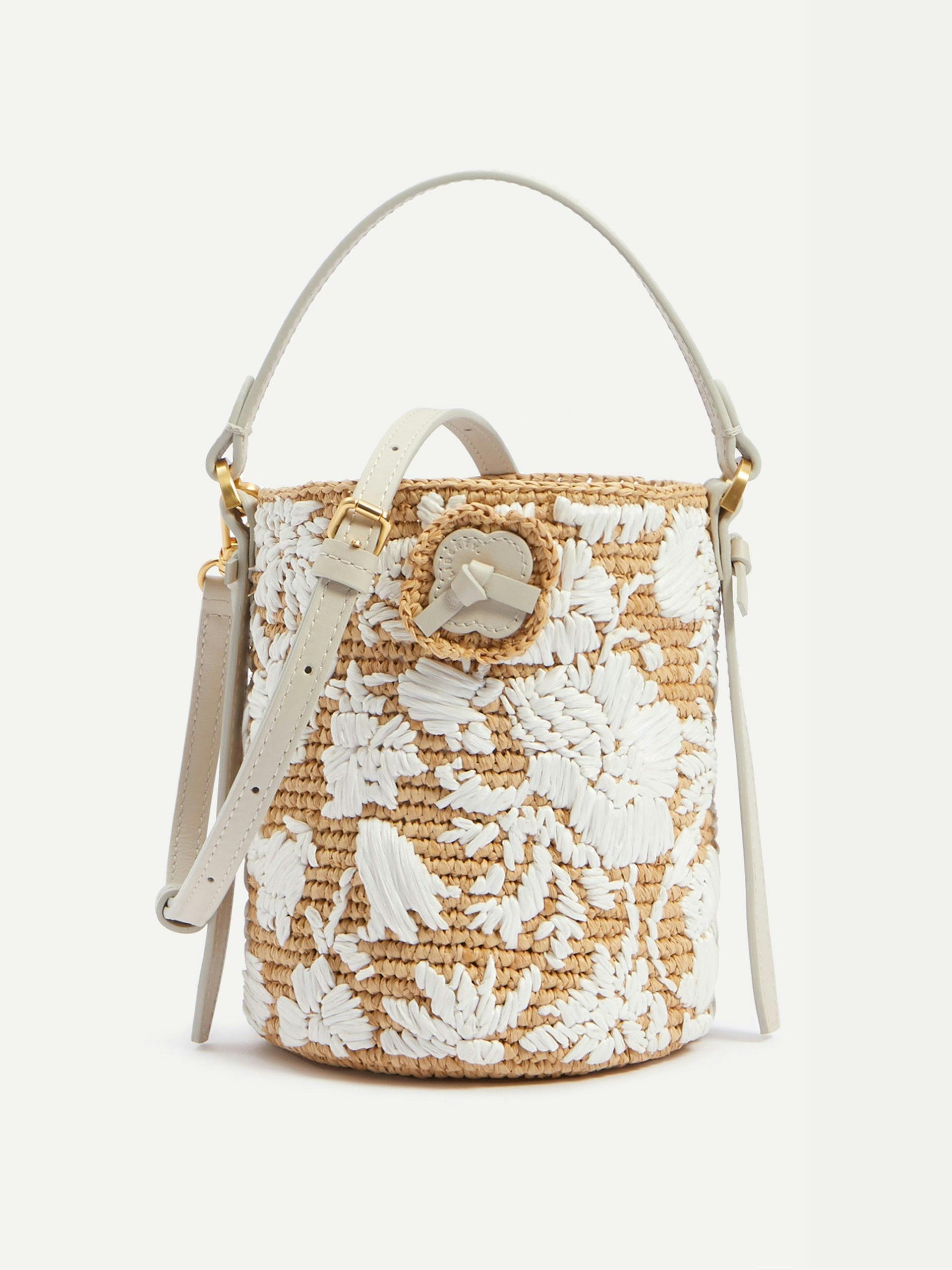 Raffia embroidered mini bucket bag