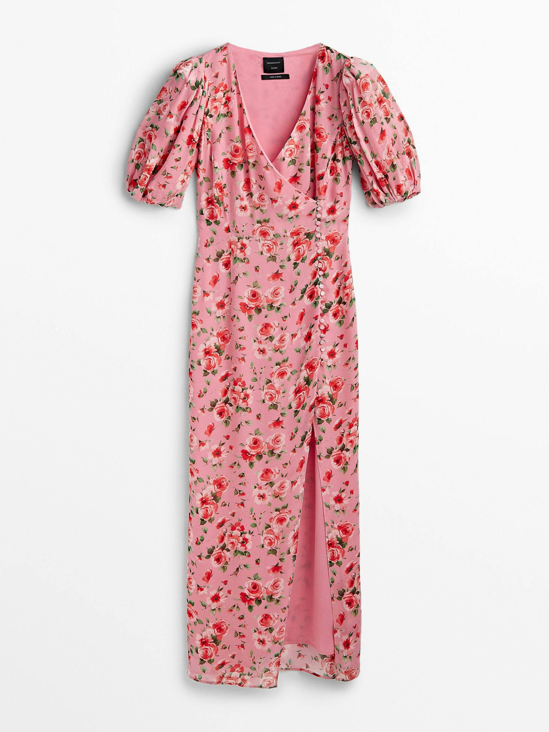 Pink floral print puff sleeve dress