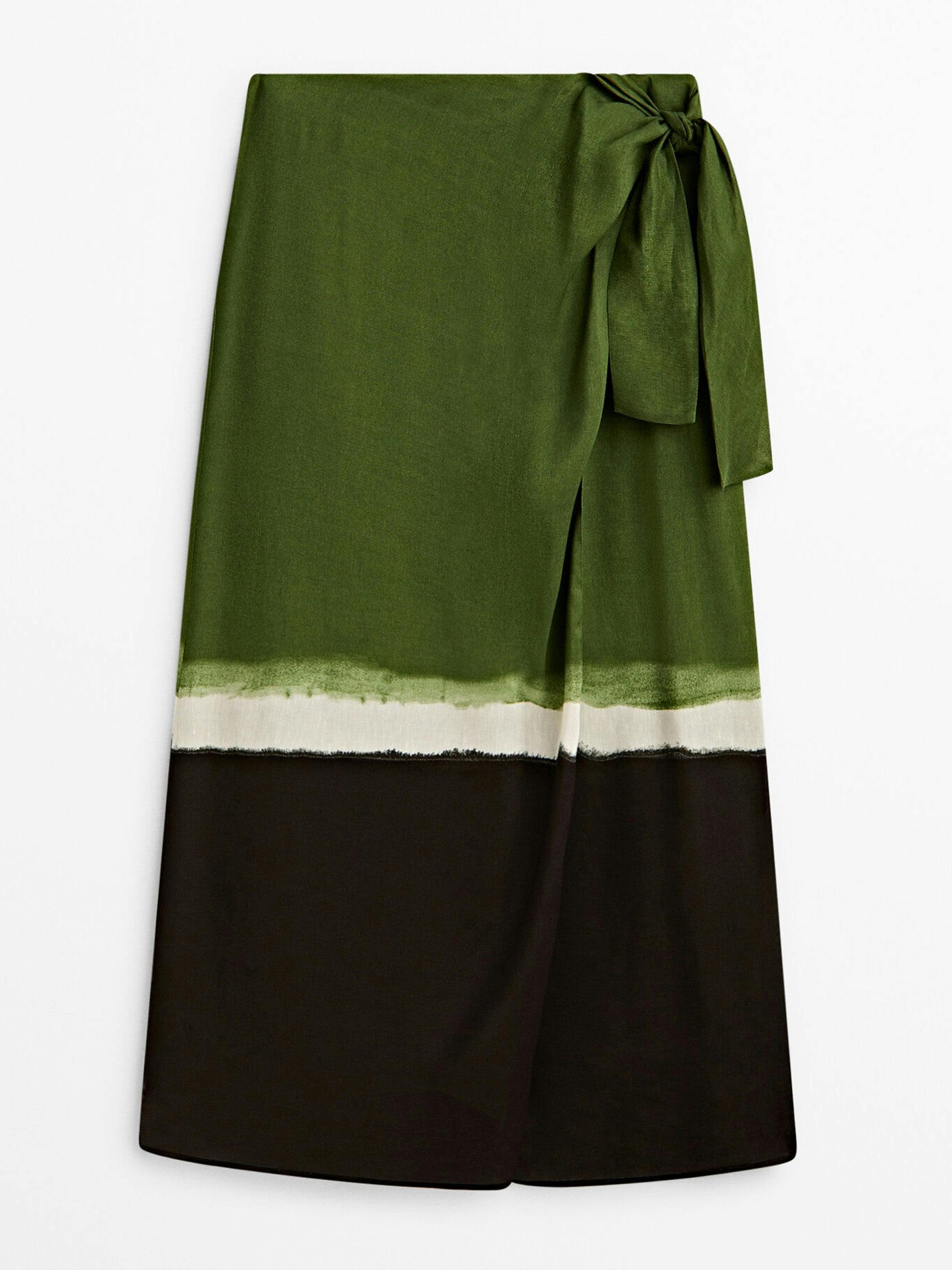 Green wrap midi skirt with tie-dye hem