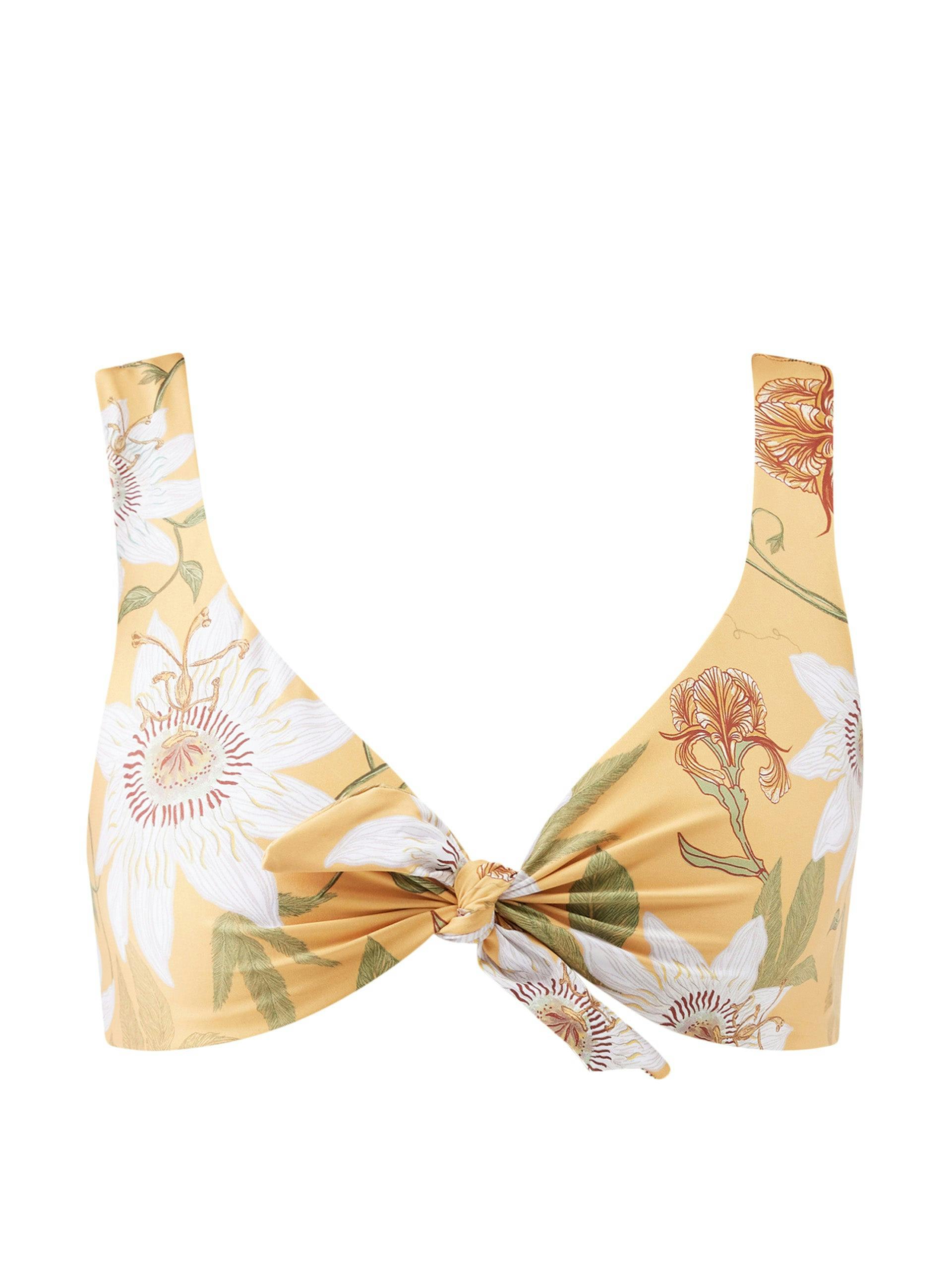 Yellow tie-front floral-print bikini top
