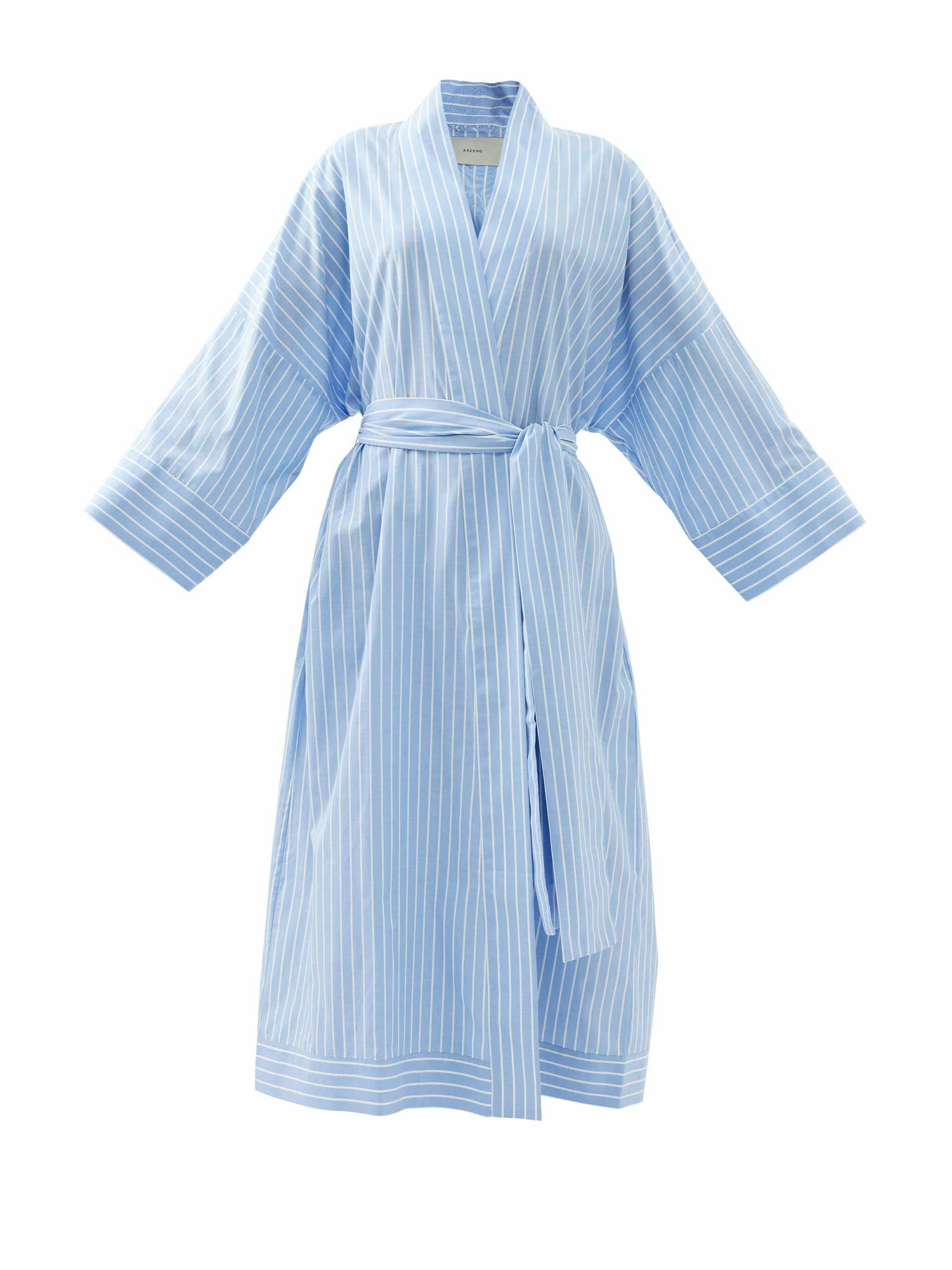 Blue and white striped dressing gown