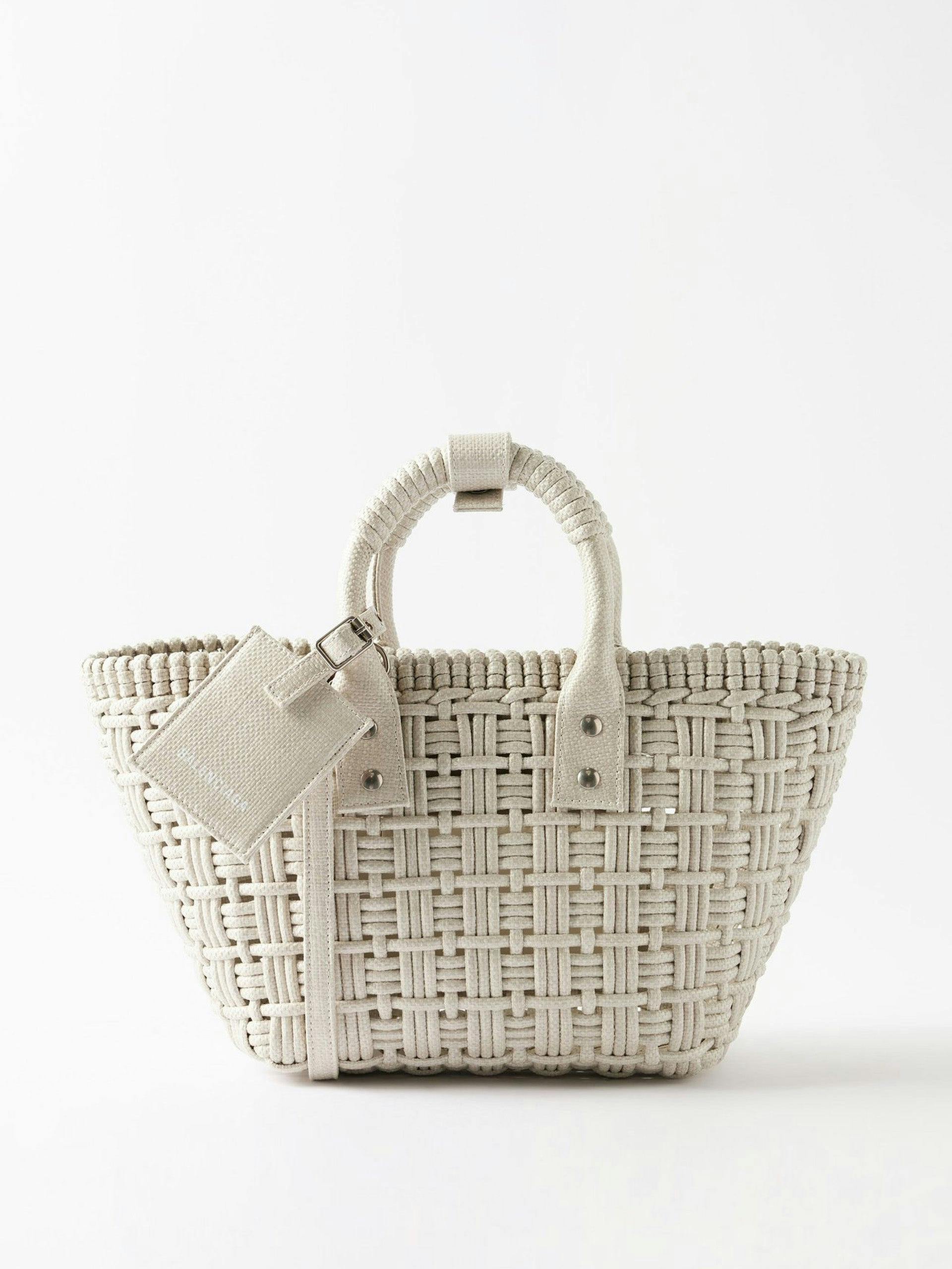 White woven-raffia basket bag