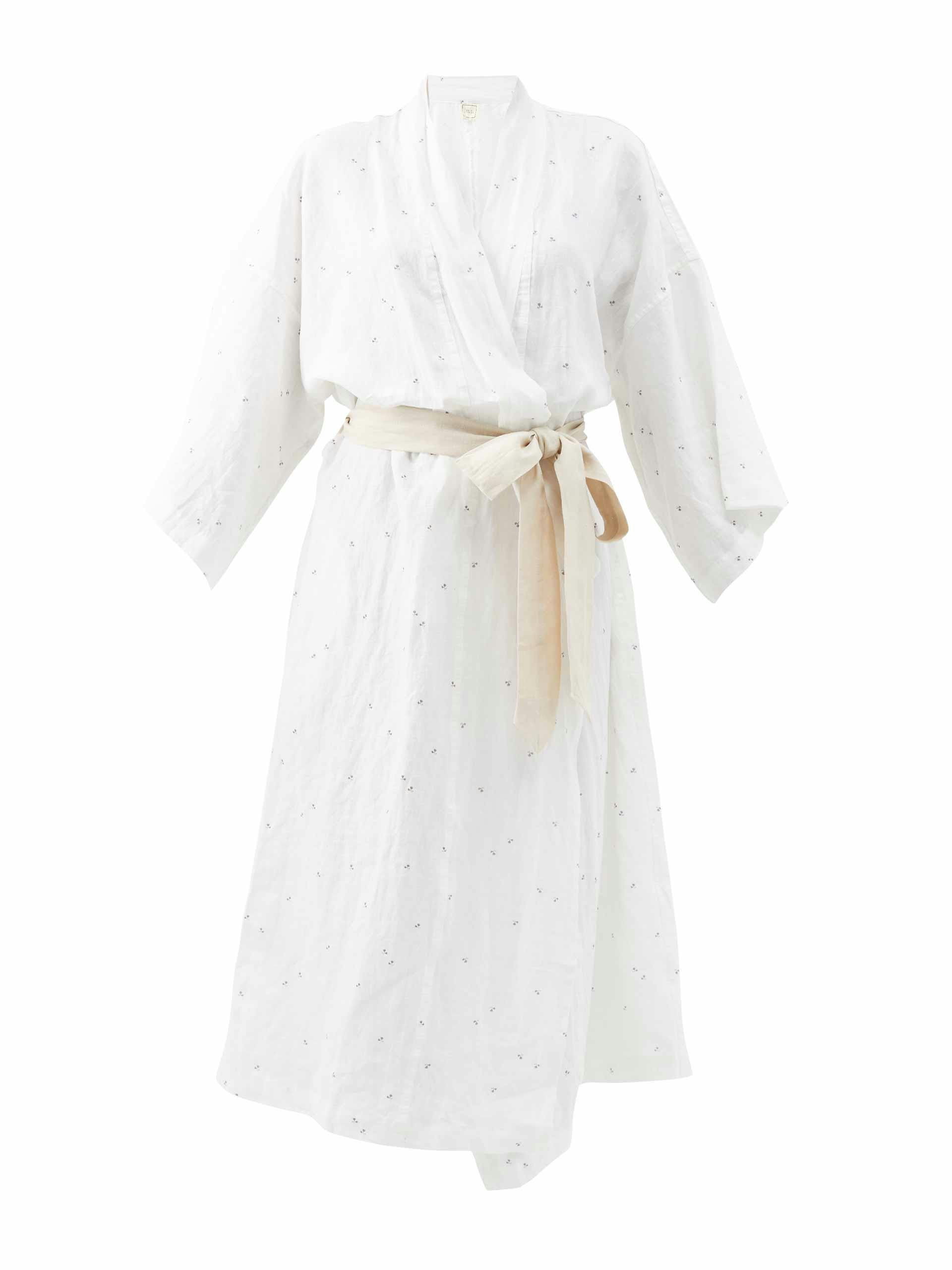 White floral-print linen dressing gown