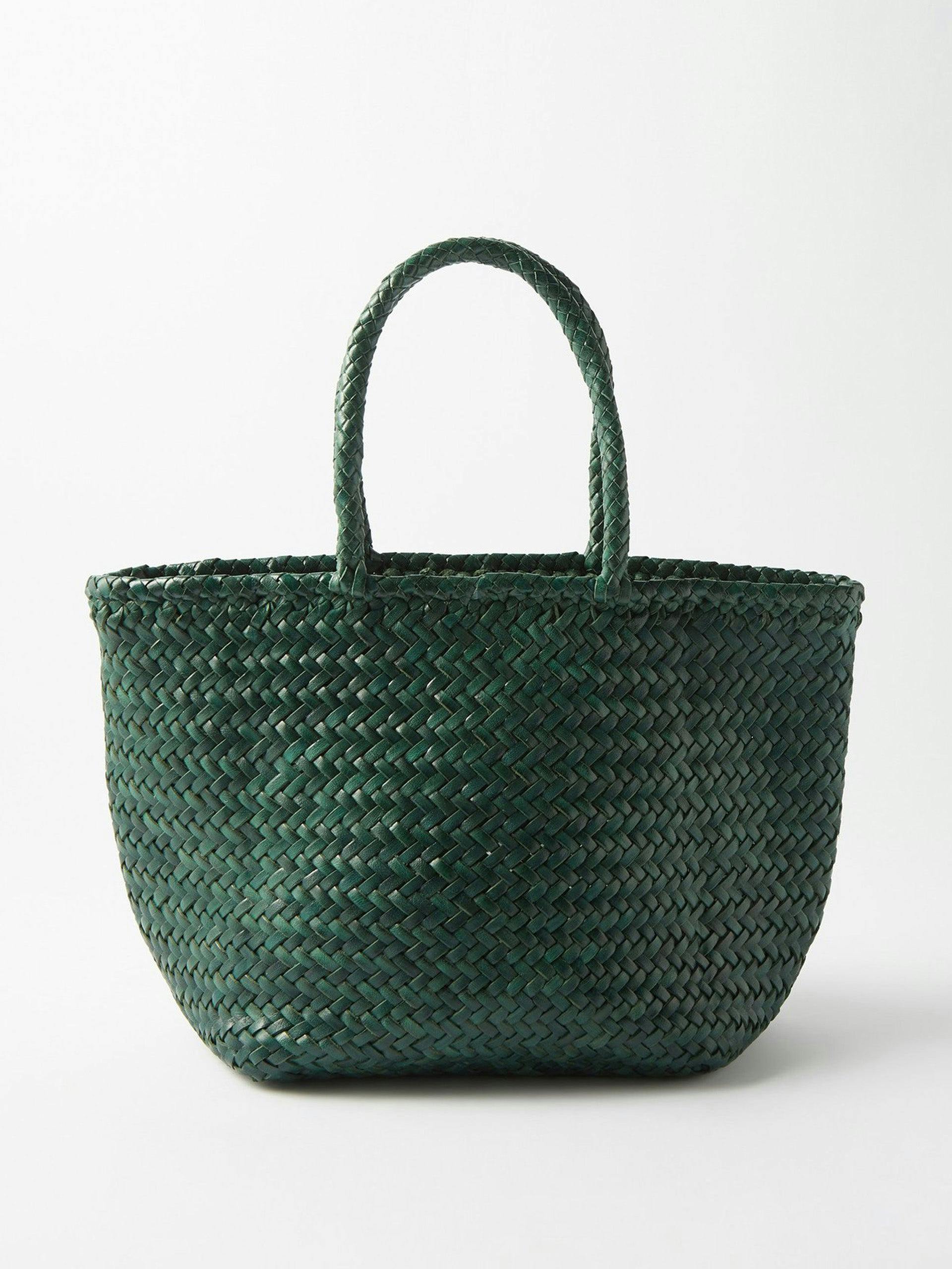 Green woven-leather basket bag