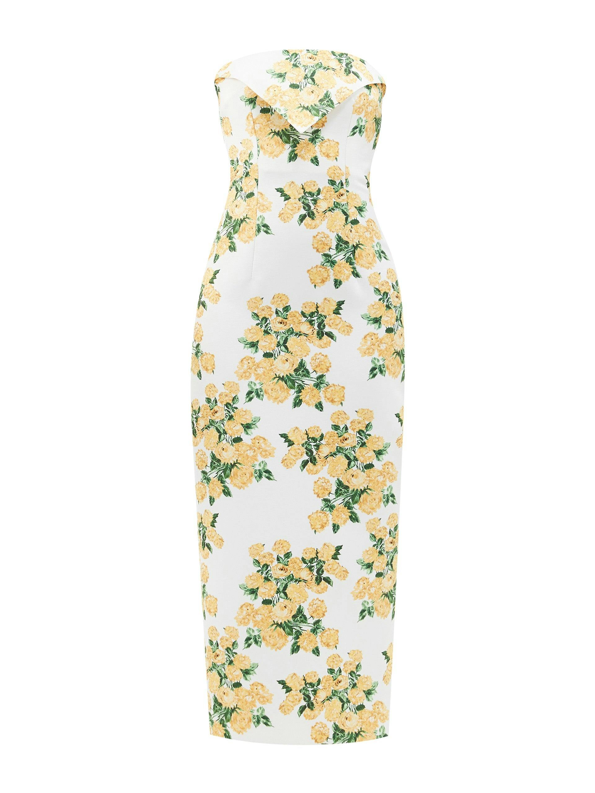 Yellow floral-print taffeta strapless gown
