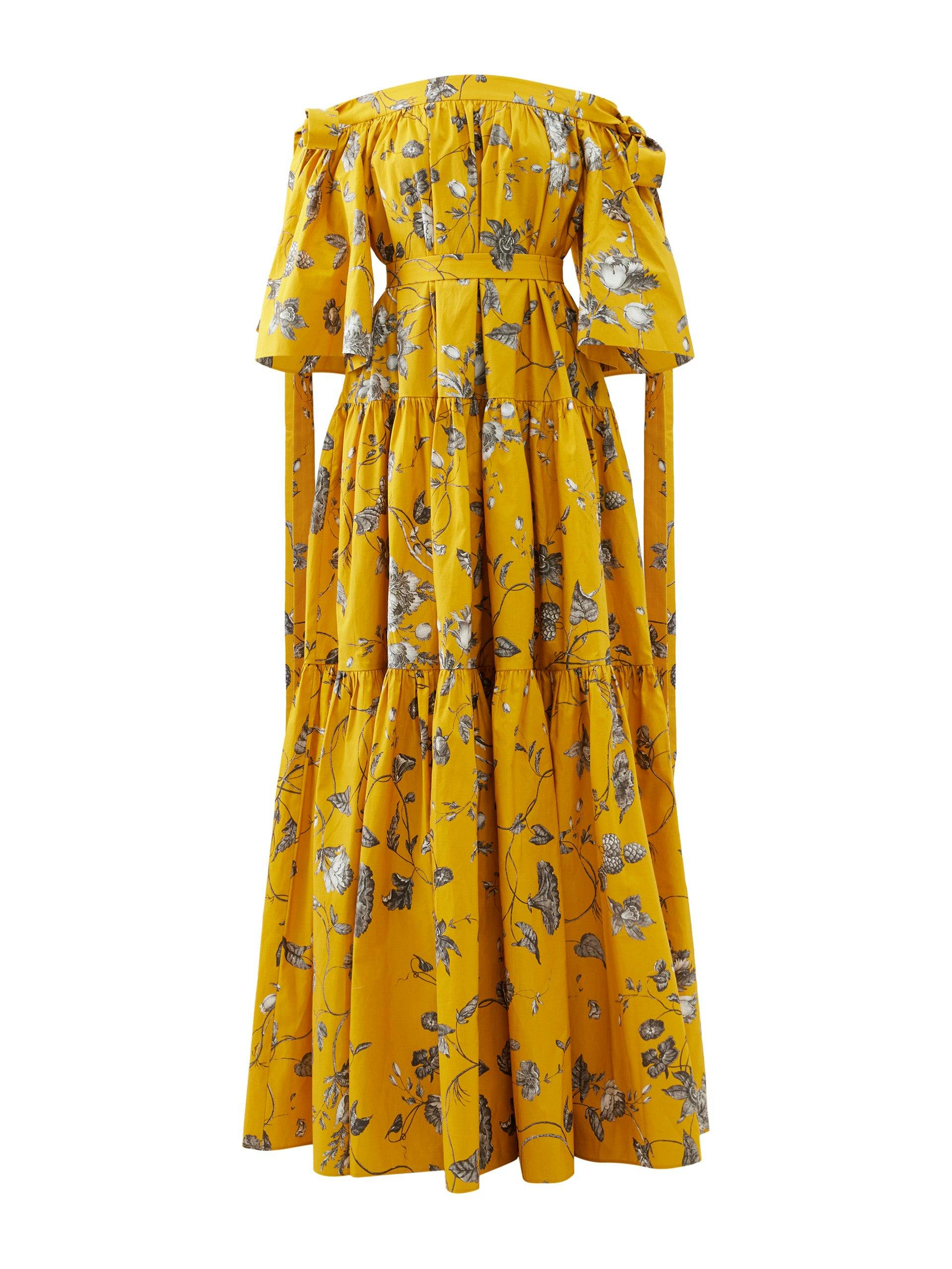 Yellow tie-side off-the-shoulder cotton-faille gown