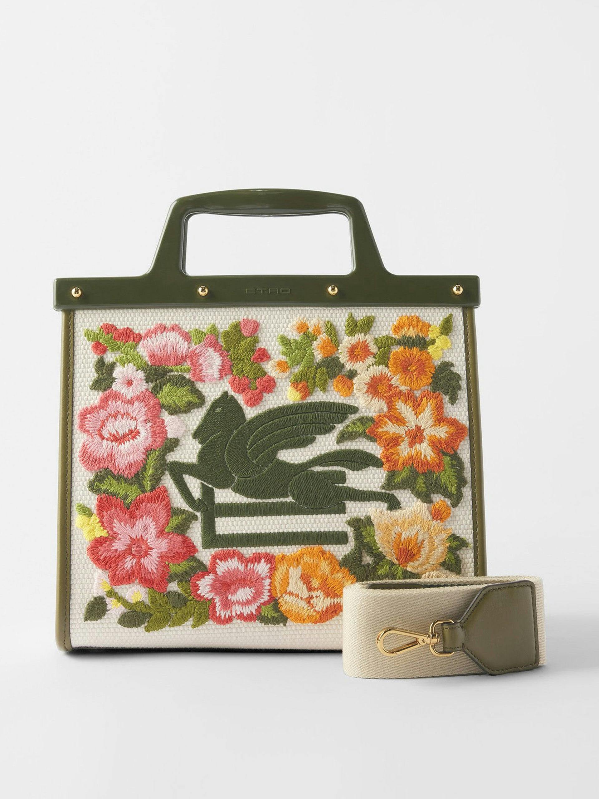 Floral embroidered canvas tote bag