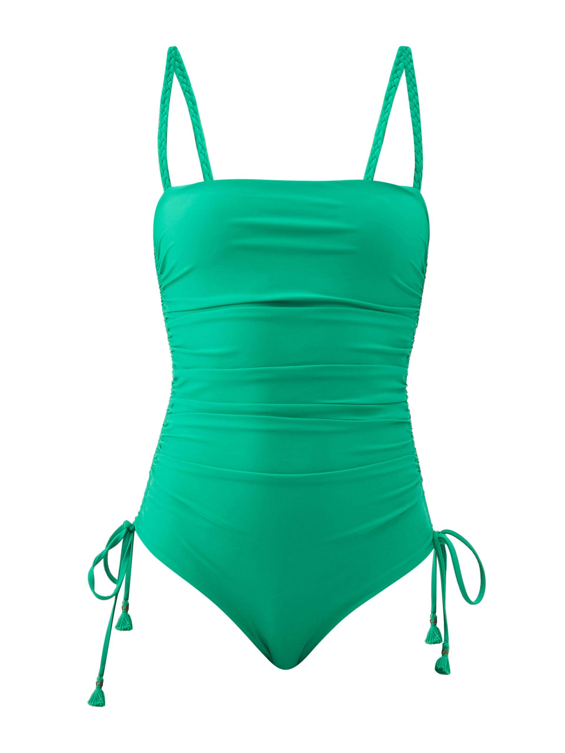 Green braided-shoulder strap swimsuit