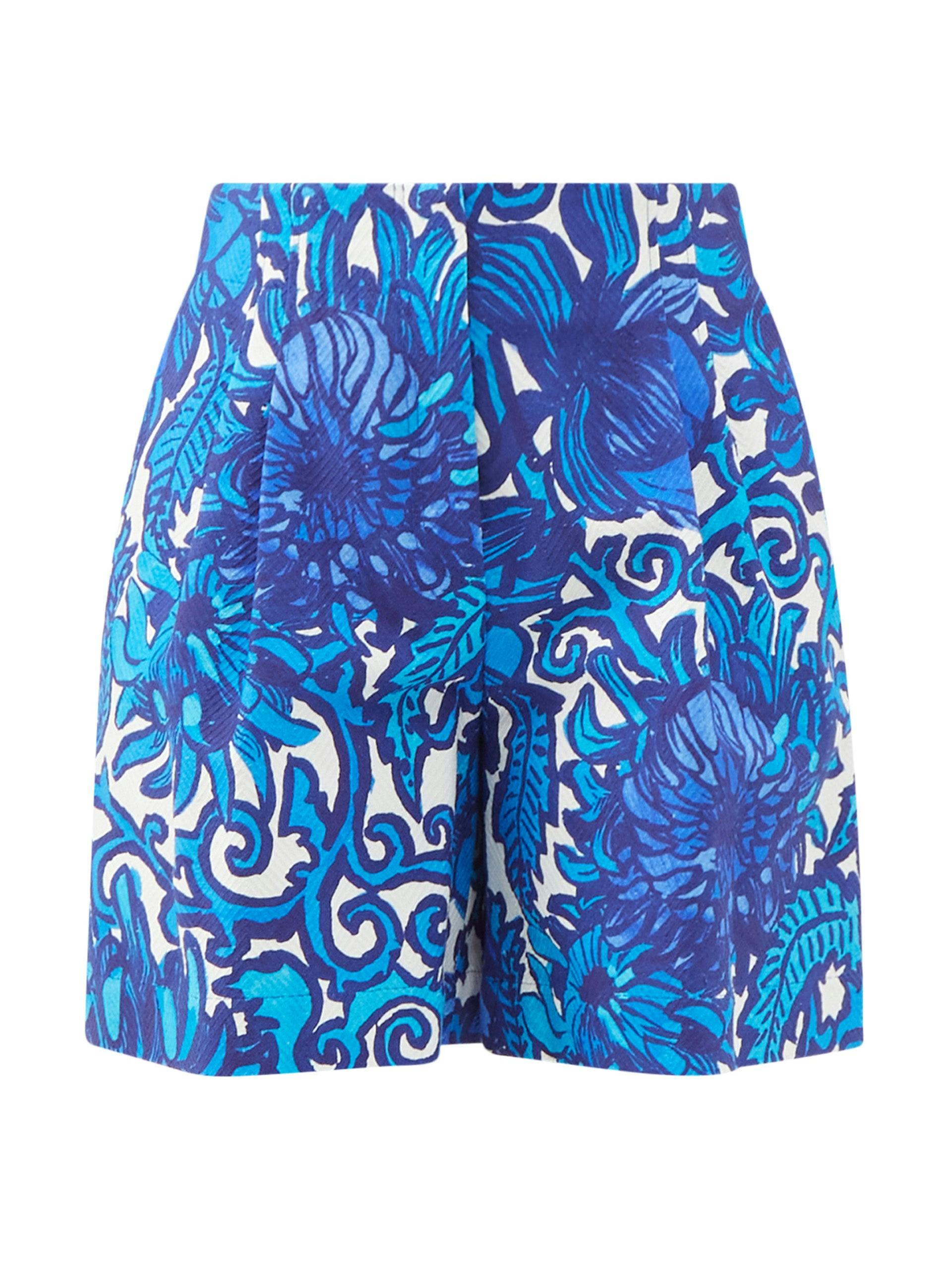 Blue pleated floral-print cotton shorts