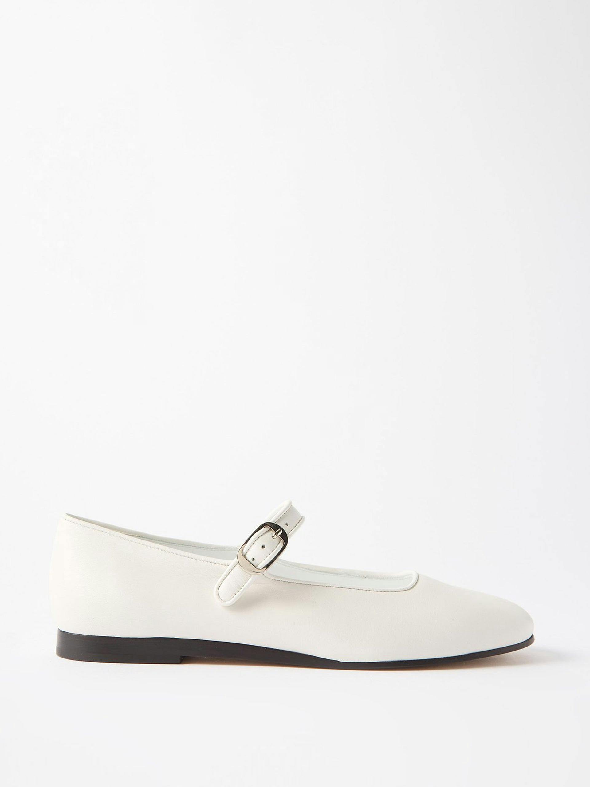 White round-toe leather Mary Jane flats