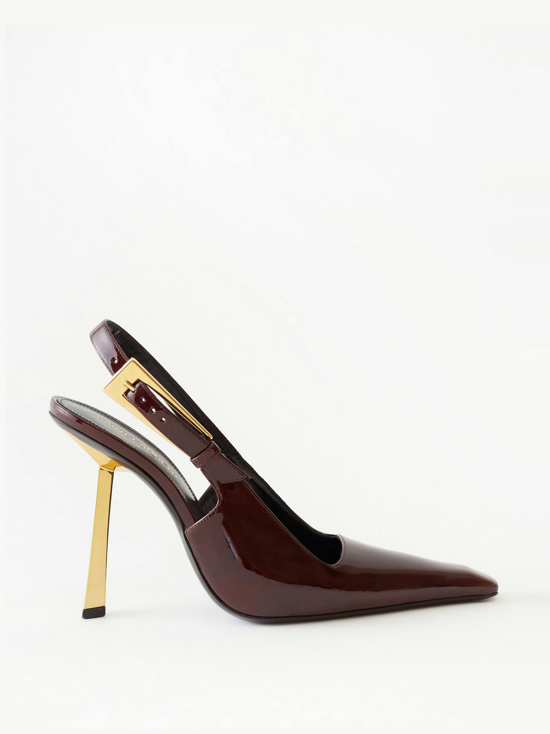 Brown buckled patent-leather pumps