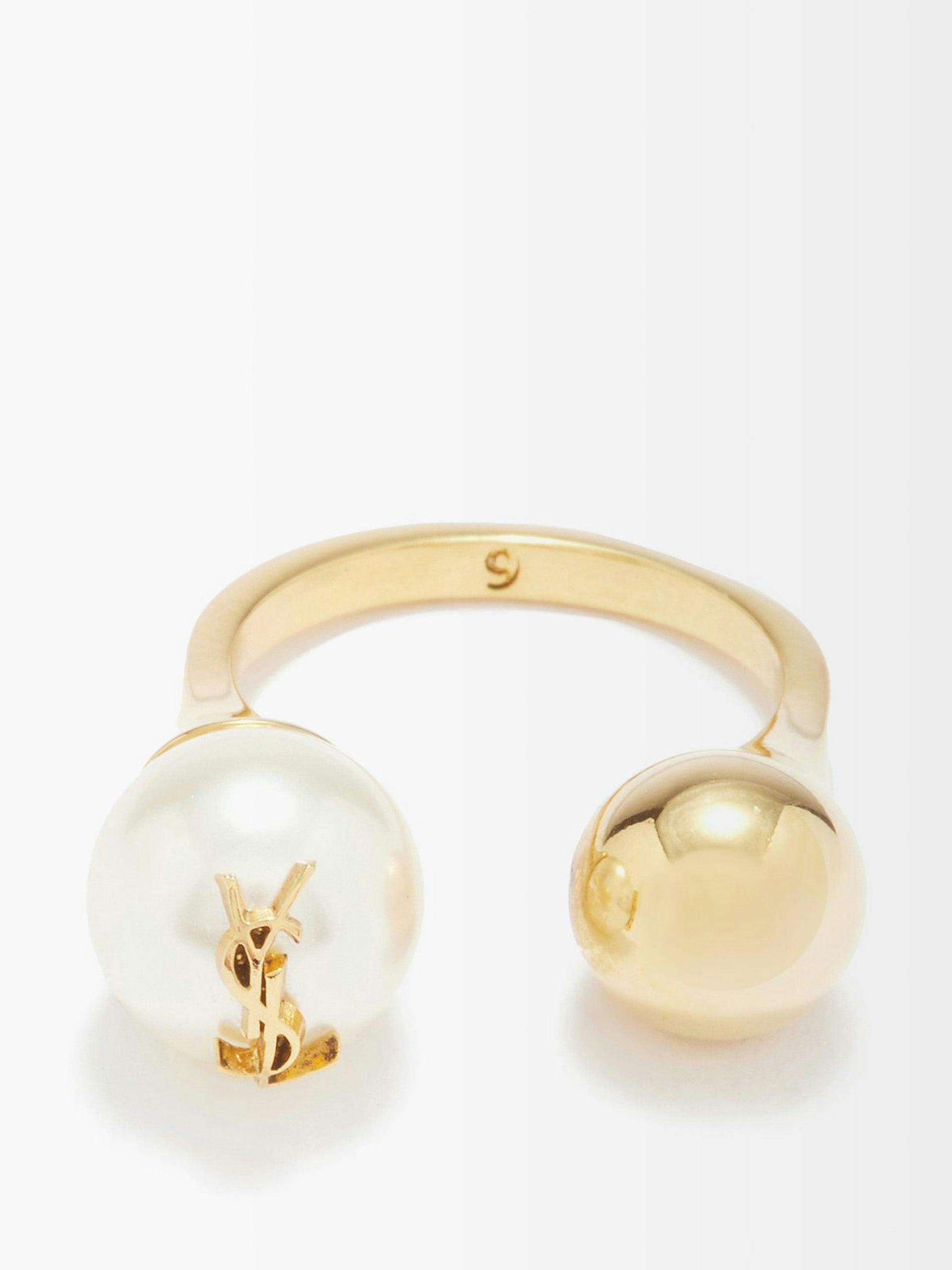 Faux-pearl & ball brass ring