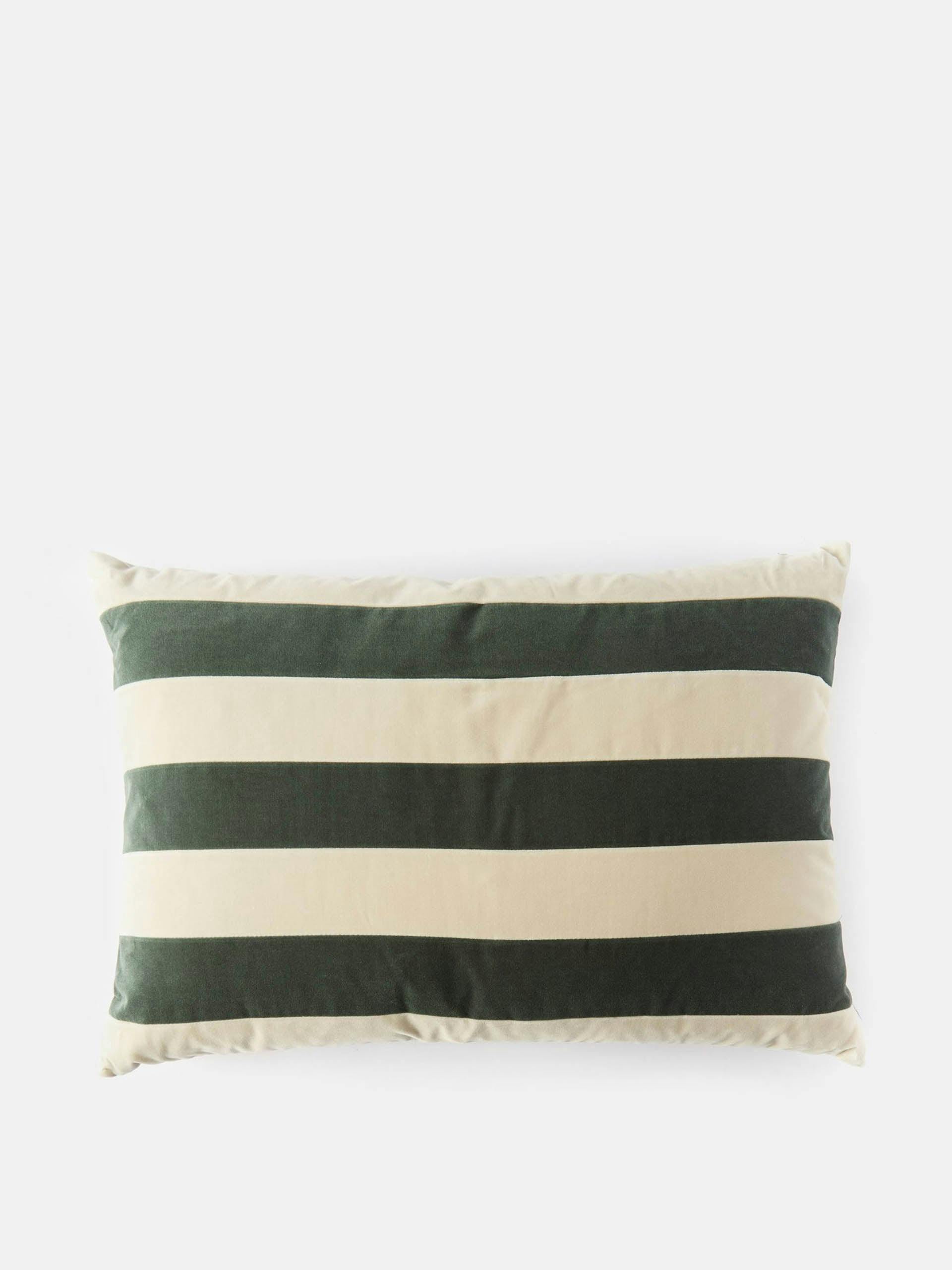 Green striped cotton-velvet cushion