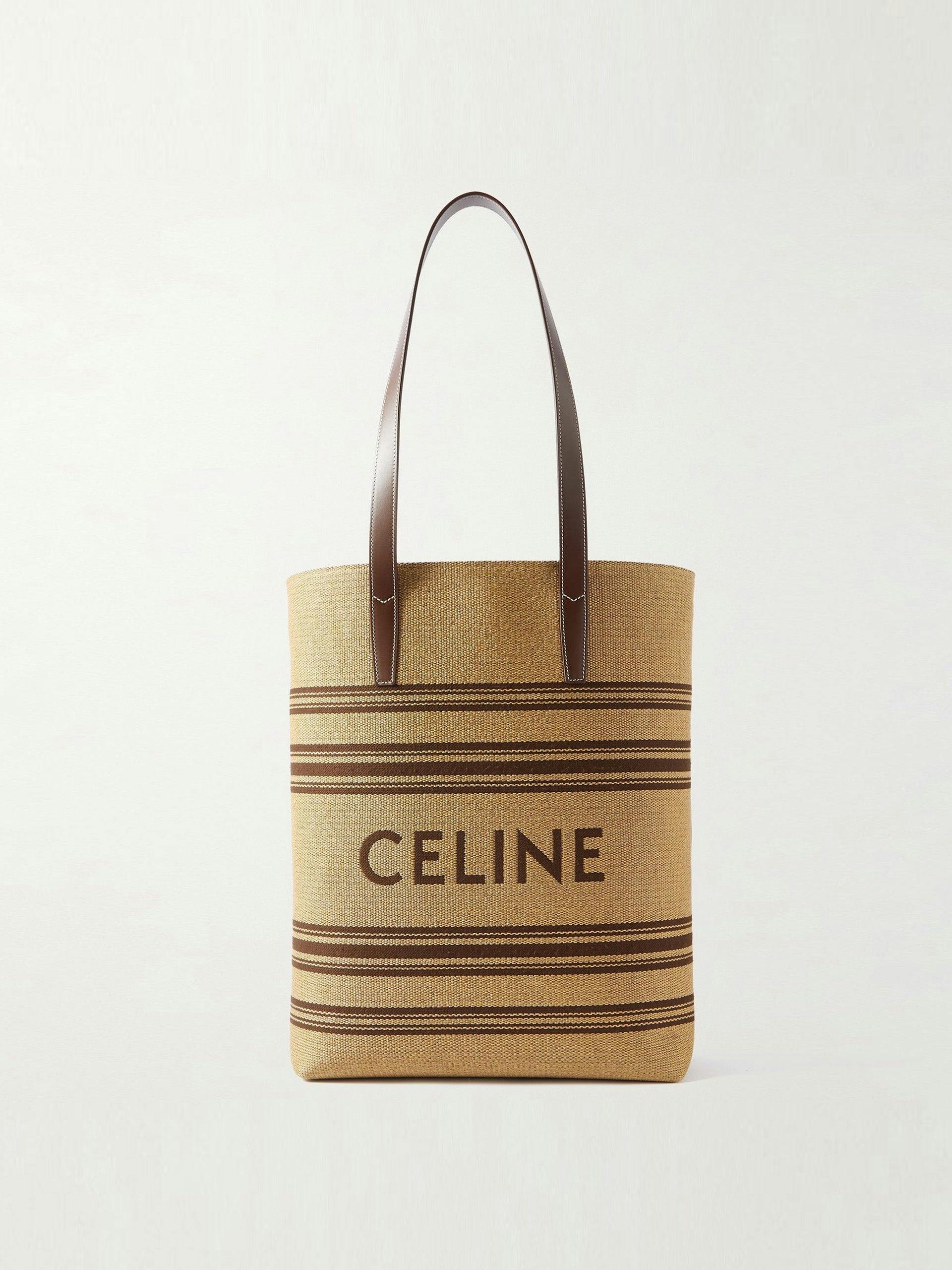 Striped logo-embroidered leather-trimmed raffia tote