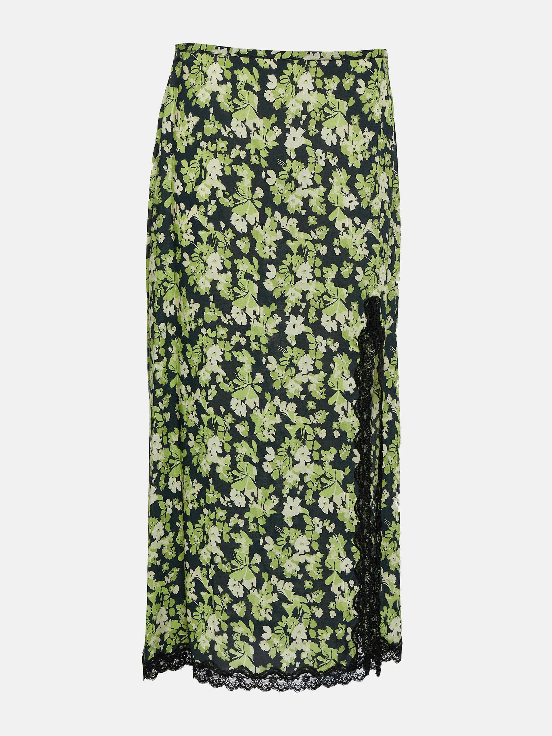 Green floral lace-trimmed midi skirt