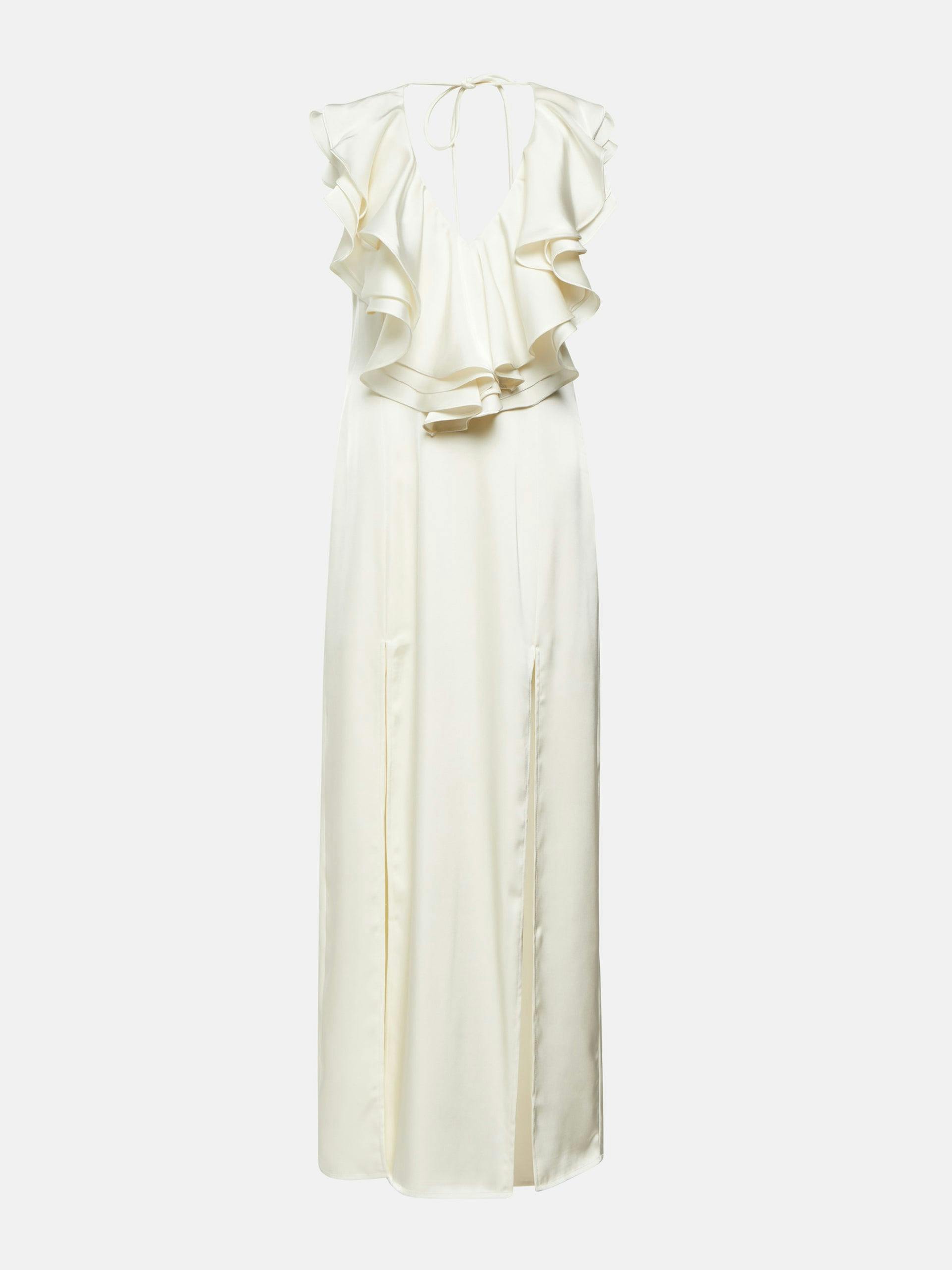 White ruffled satin maxi dress