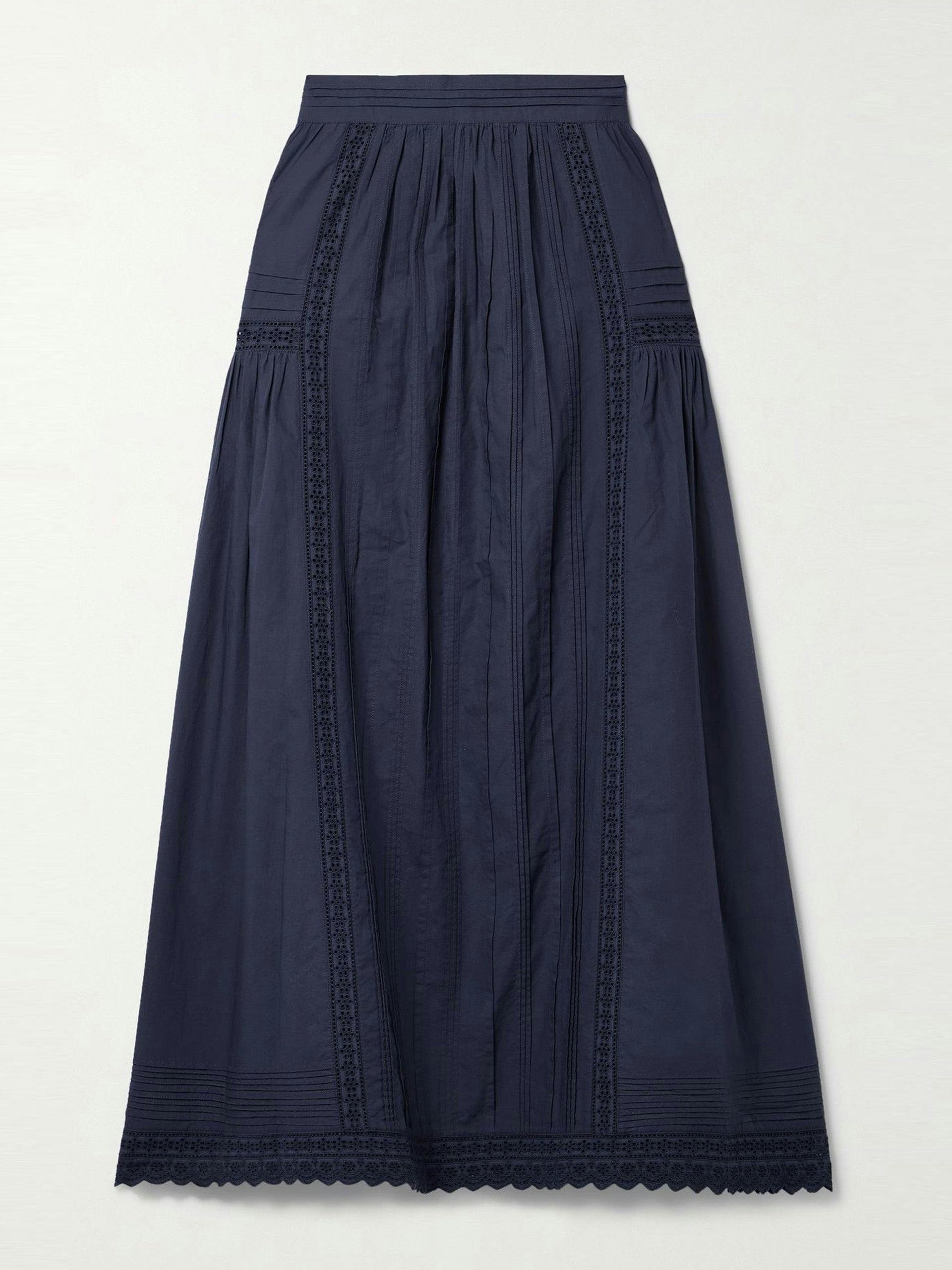 Navy broderie anglaise-trimmed pintucked organic cotton-poplin midi skirt
