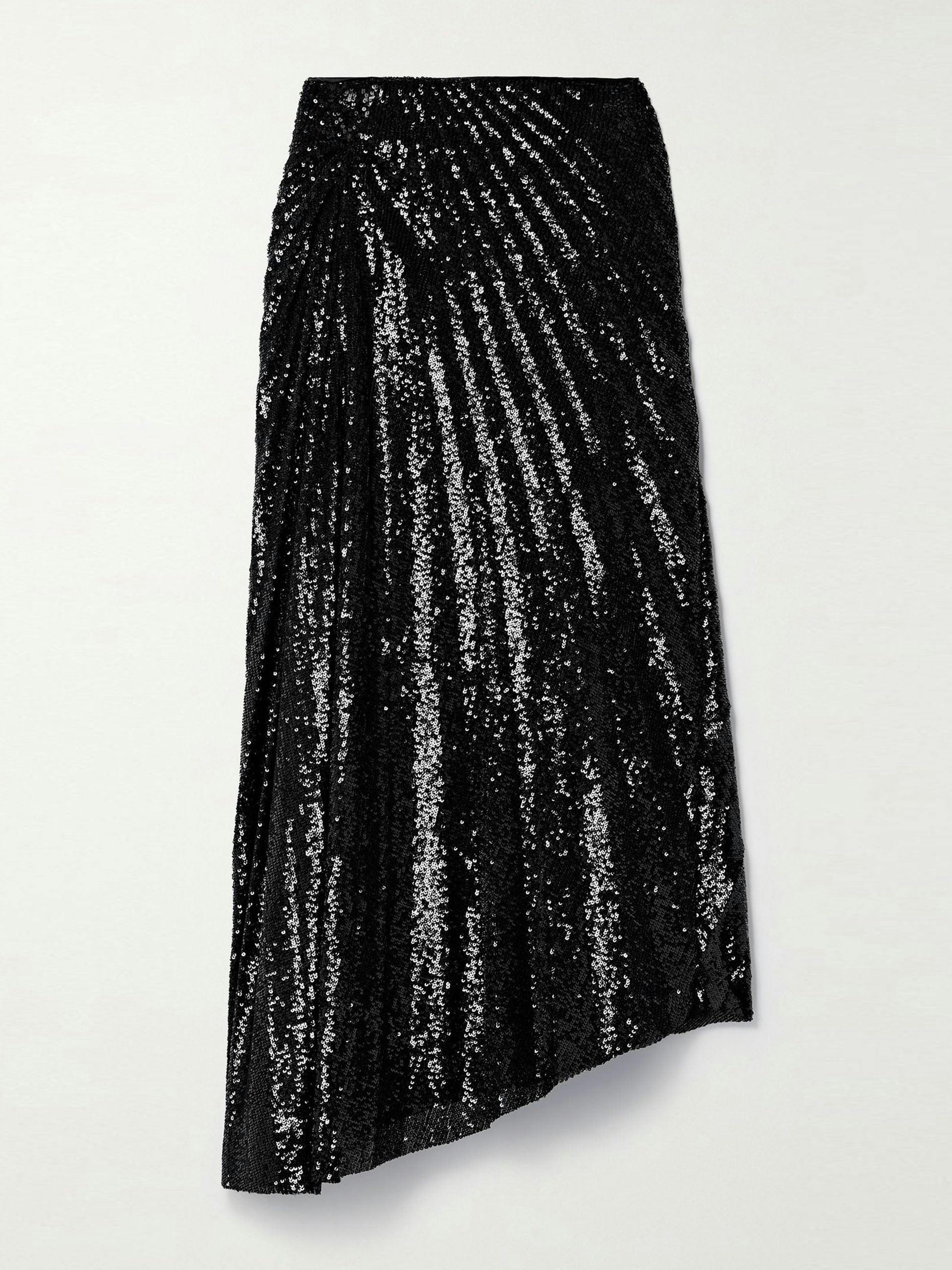 Tori asymmetric pleated sequined tulle midi skirt