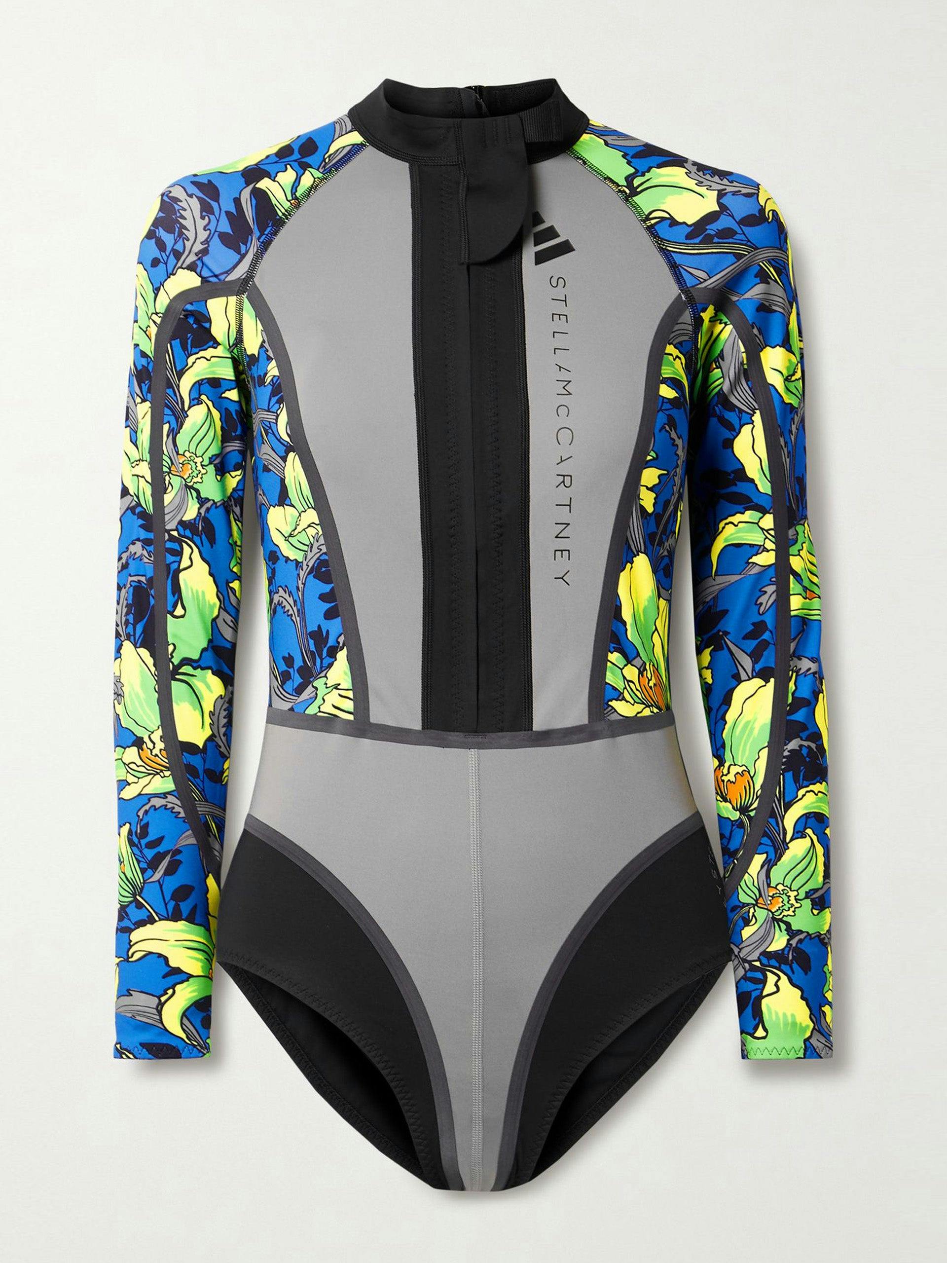 Paneled long sleeved floral-print swimsuit