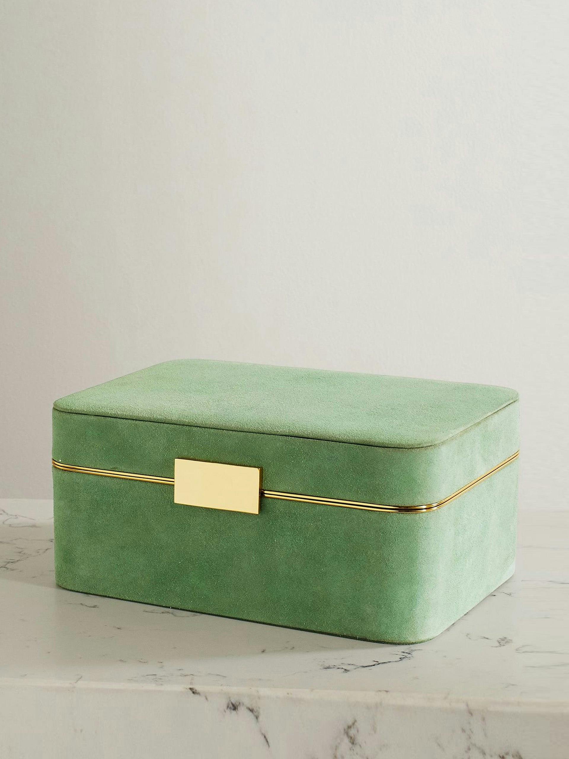 Green suede and gold-tone jewelry box